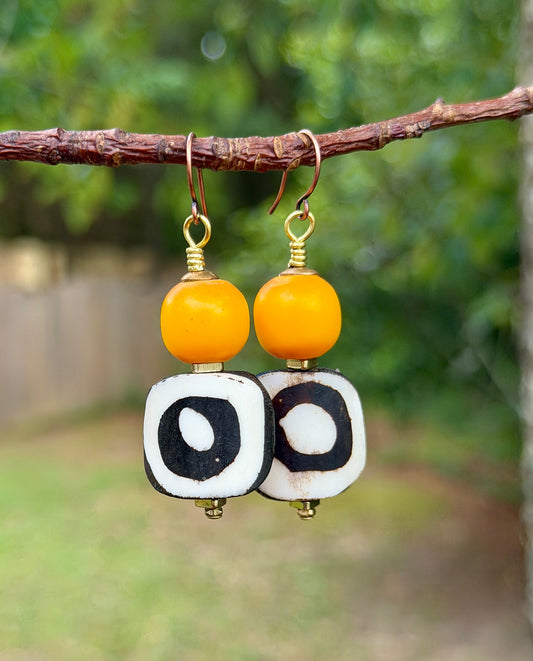 Batik Bone & Colorful Kenya Amber Resin Earrings • Beachy Summer Boho Jewelry