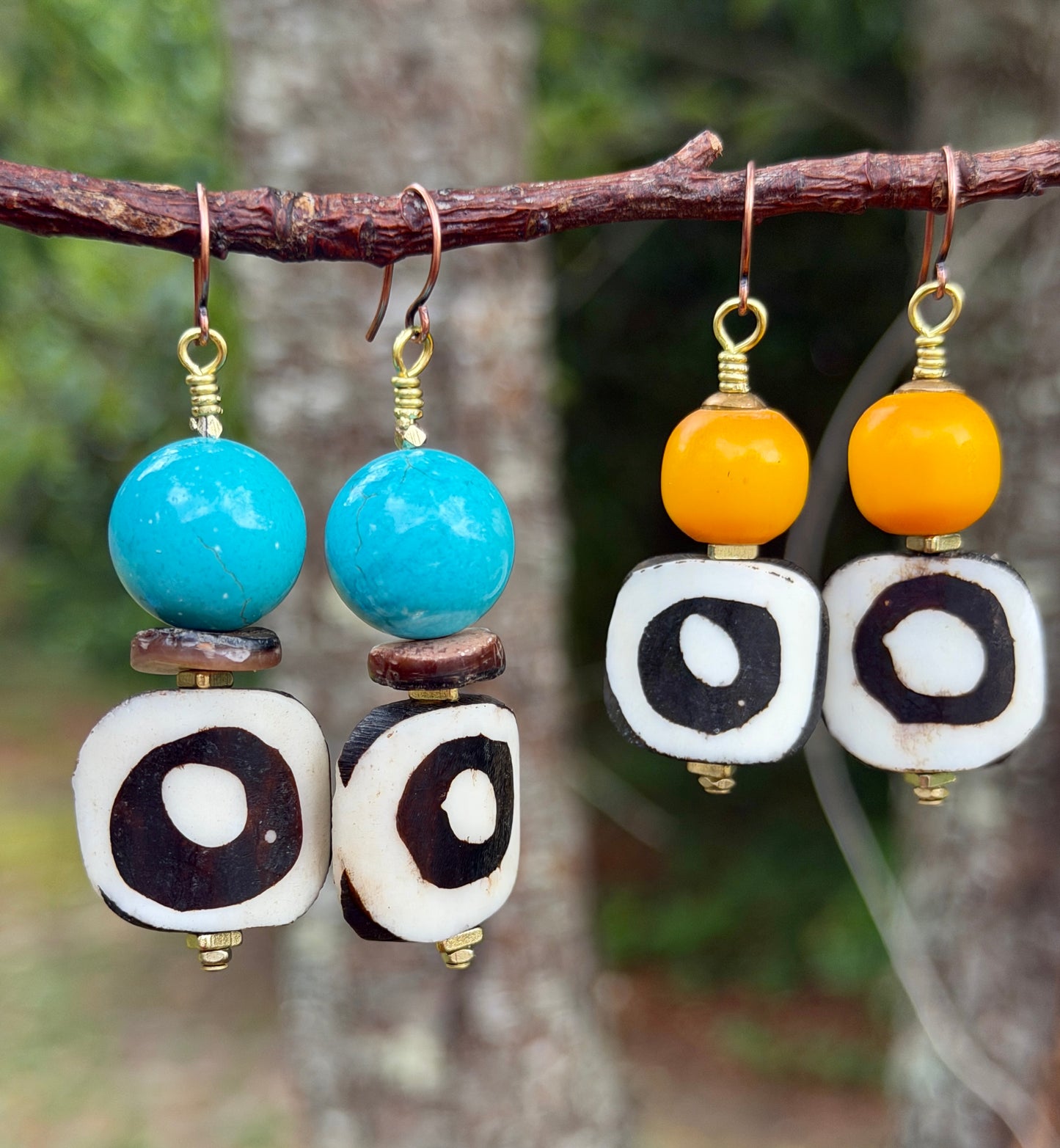 Batik Bone & Colorful Kenya Amber Resin Earrings • Beachy Summer Boho Jewelry