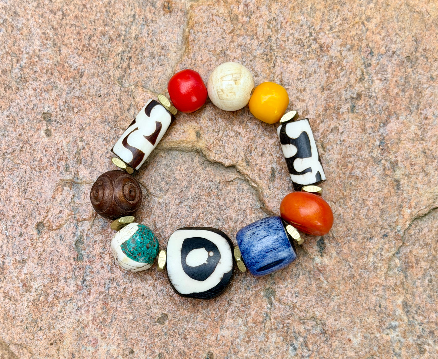Boho Mix Media Bracelet — Colorful Agate, Kenyan Resin & Blue Bone Beads