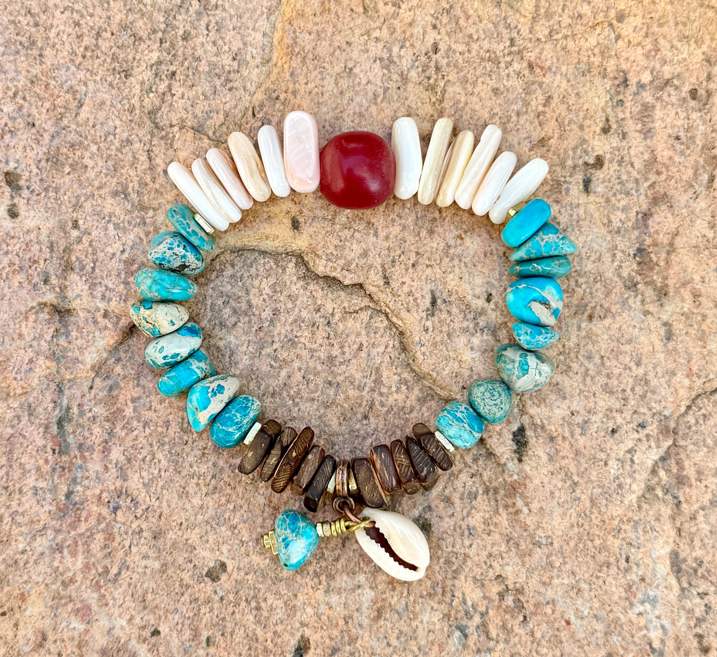 Natural Mussel Shell Bracelet – Aqua Sediment Jasper– Coastal Boho Stretch Jewelry