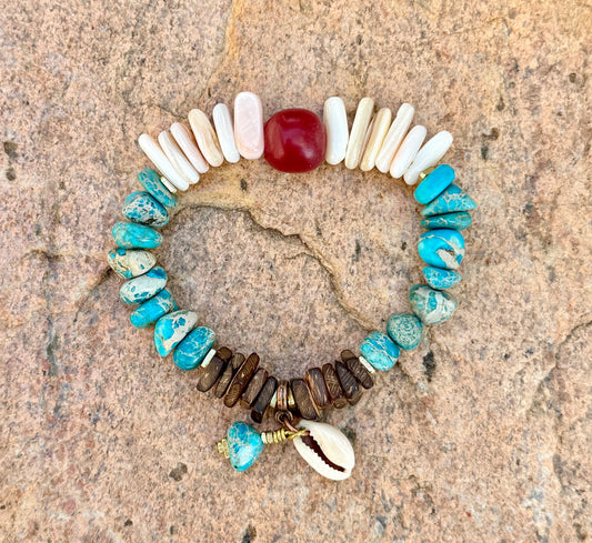 Natural Mussel Shell Bracelet – Aqua Sediment Jasper– Coastal Boho Stretch Jewelry