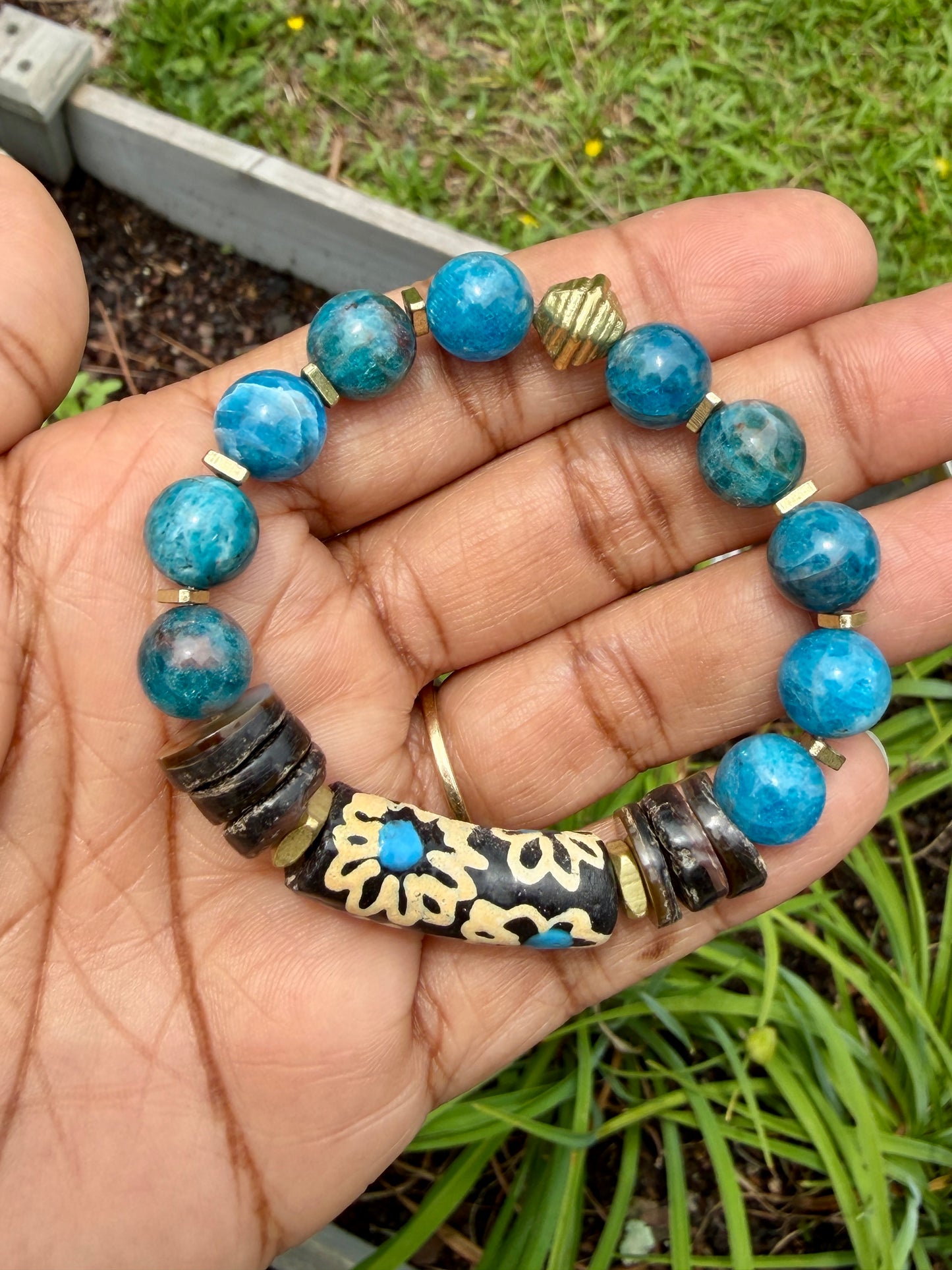 Apatite Gemstone and Painted Krobo Bracelet
