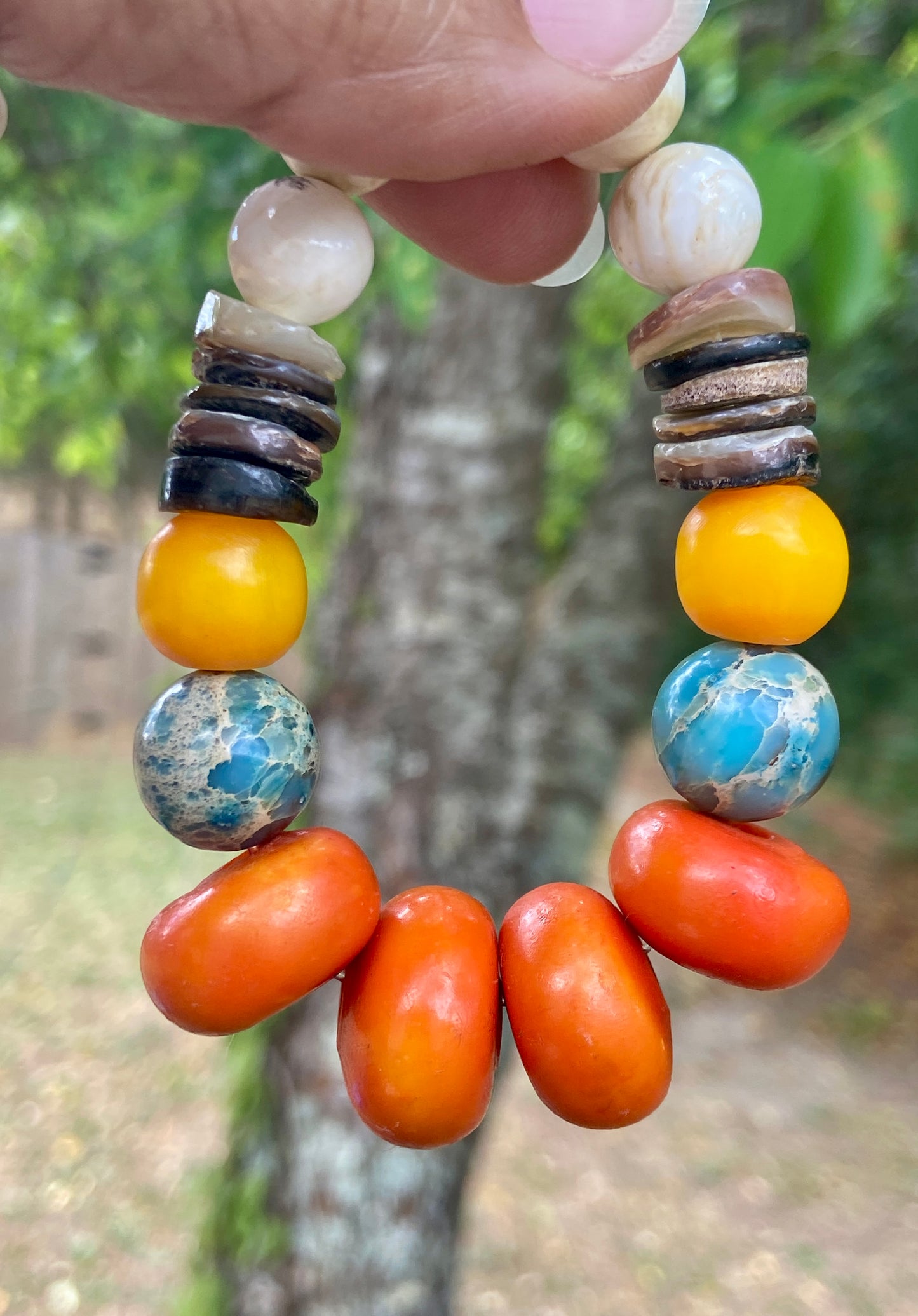 Boho Tribal Bracelet • Moroccan Mango Resin • Naga Shell • Kenyan Amber • Turquoise Impression Jasper