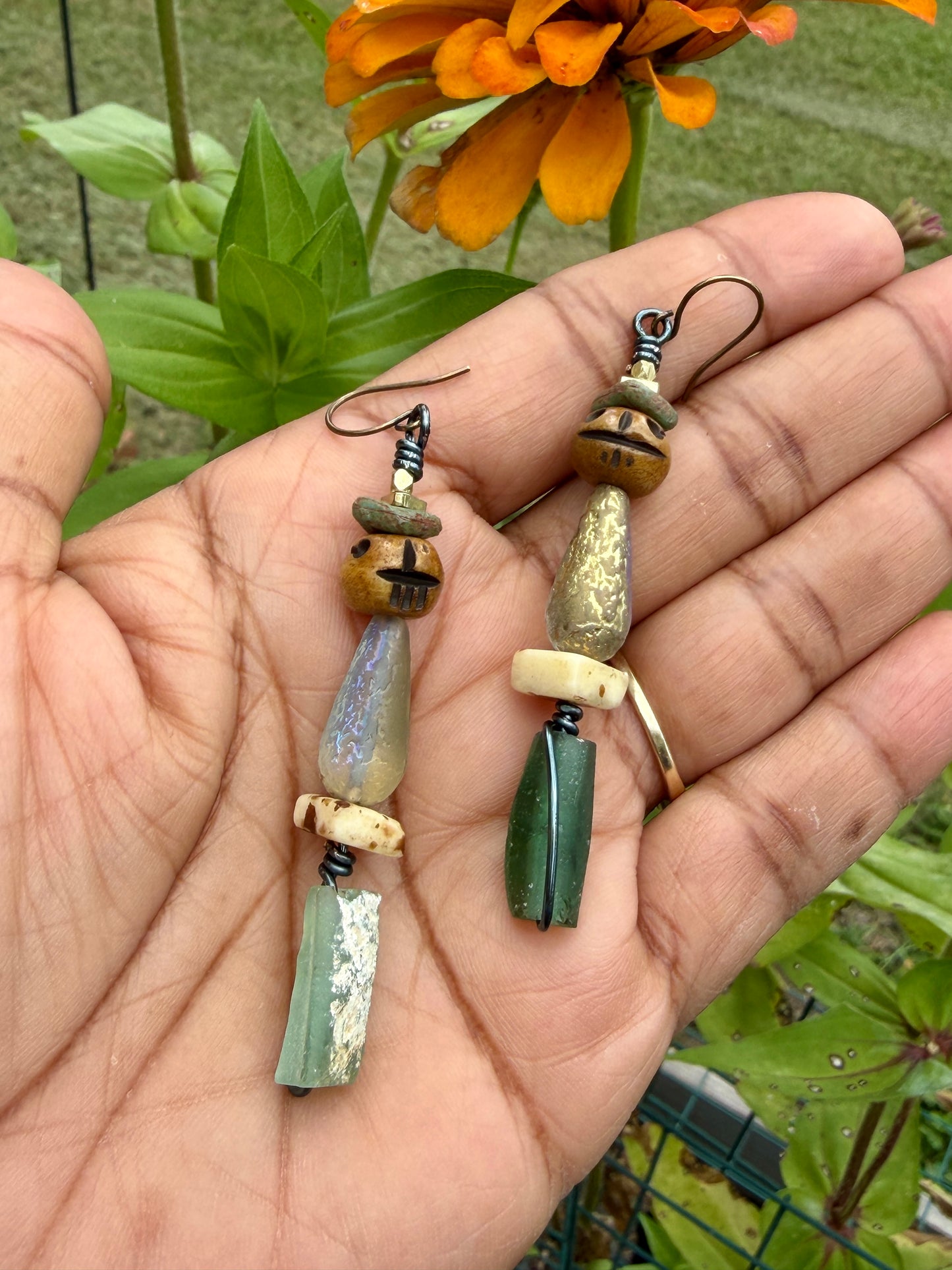 Earthy Skull Dangle Earrings • Roman Glass & Turquoise Mix • Autumn & Halloween Vibes
