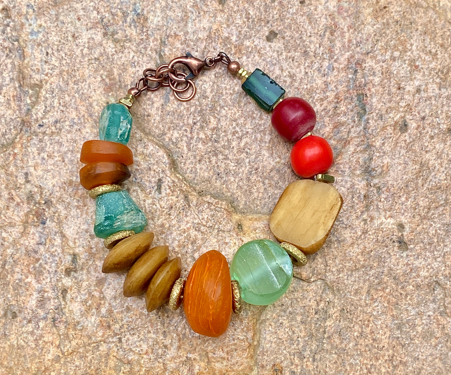 Boho Tribal Bracelet – Moroccan Horn, Roman Glass & Colorful Resin Beads