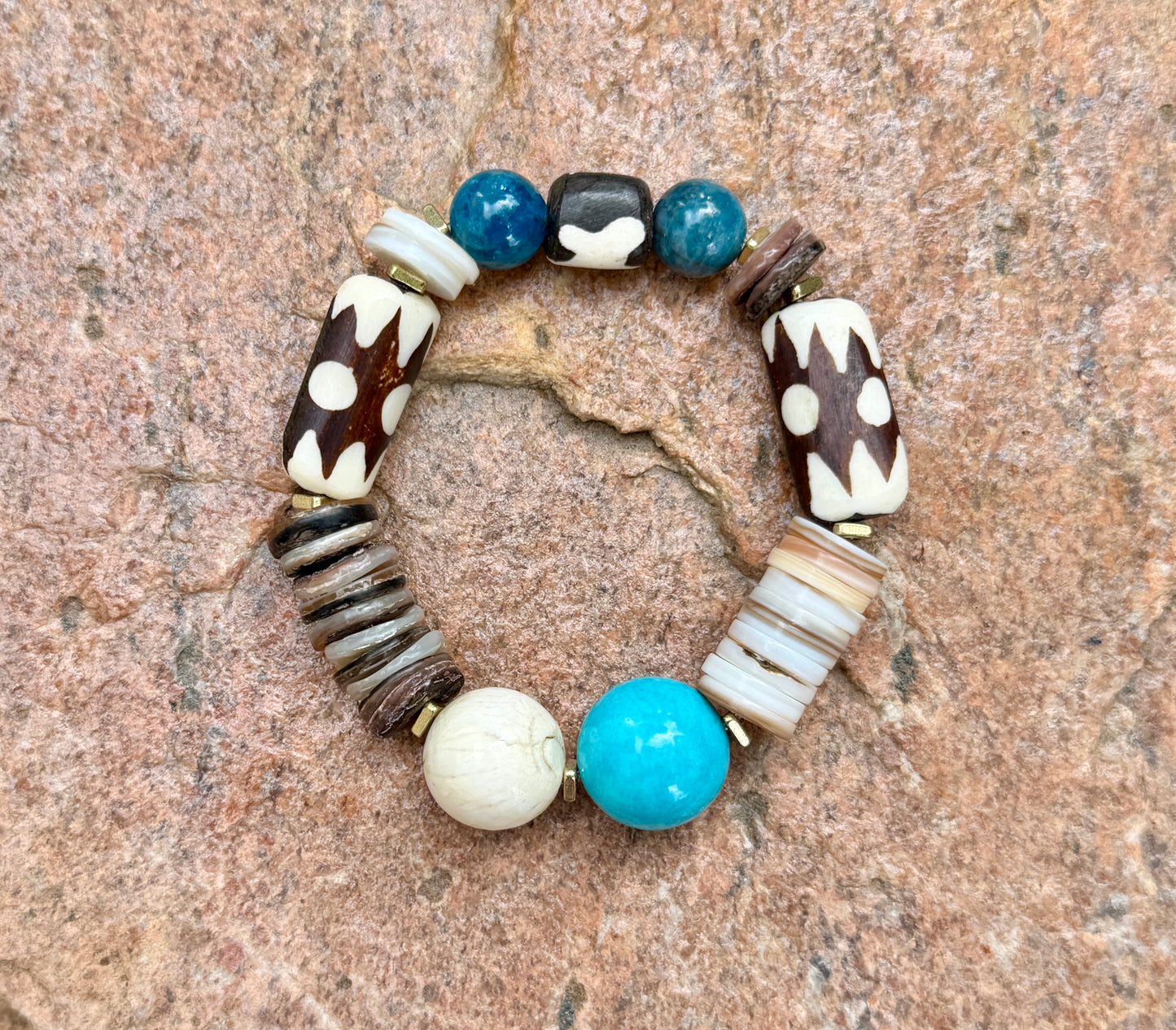 Boho Mix Media Bracelet — Turquoise Magnesite, Shell & Batik Bone Beads
