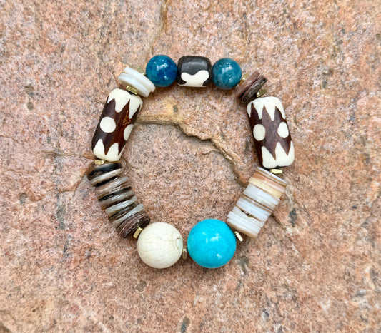 Boho Mix Media Bracelet — Turquoise Magnesite, Shell & Batik Bone Beads
