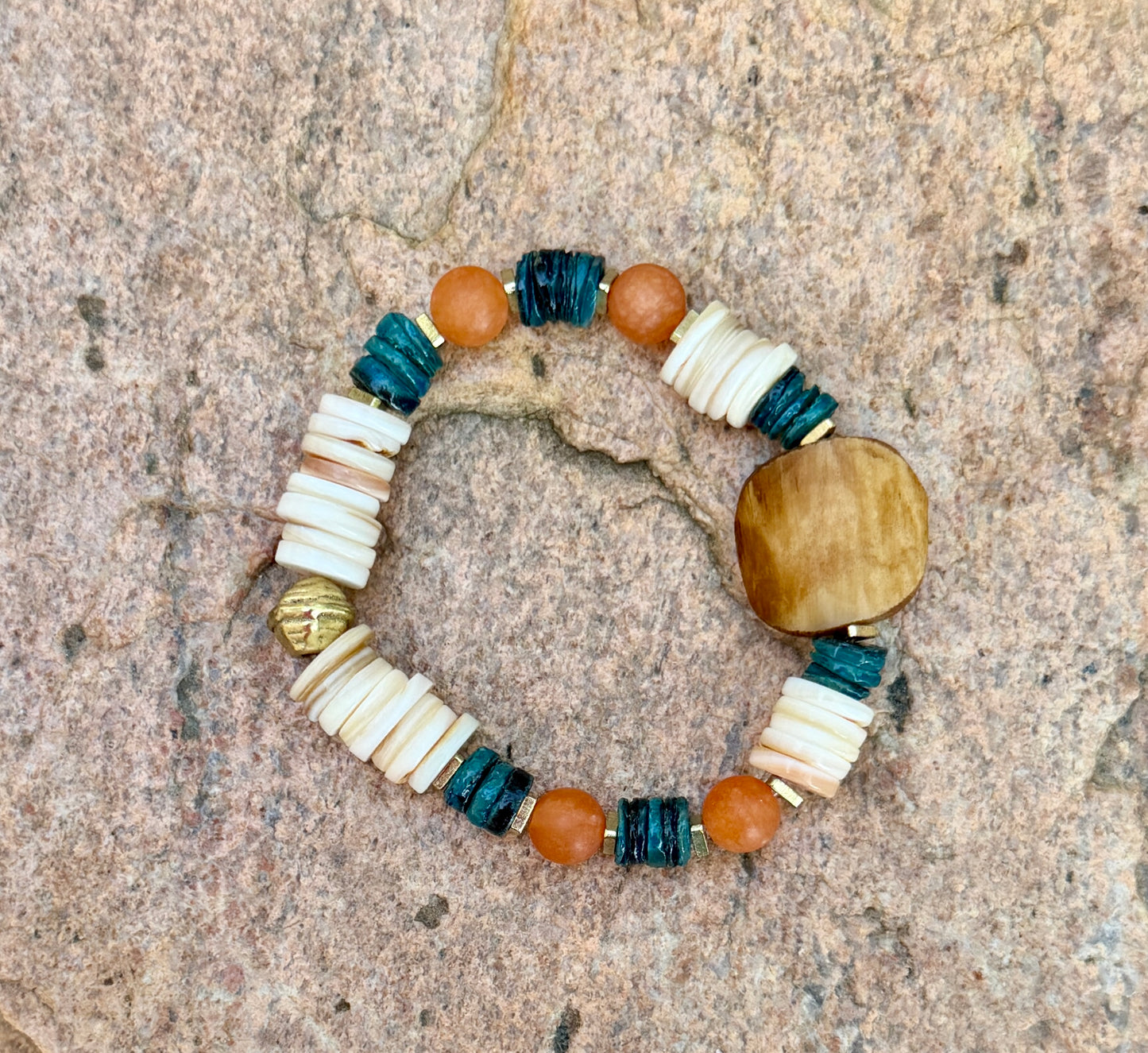 Coastal Papaya Aventurine & Shell Heishi Bracelet • Beachy Summer Jewelry