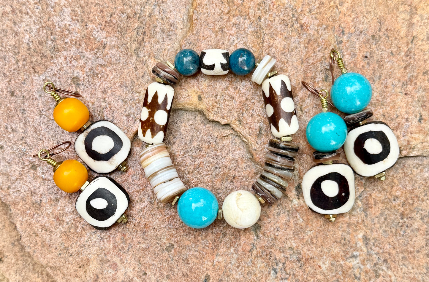 Batik Bone & Turquoise Magnesite Earrings with Mottled Brown Natural Heishi Shell Beads• Beachy Summer Boho Jewelry