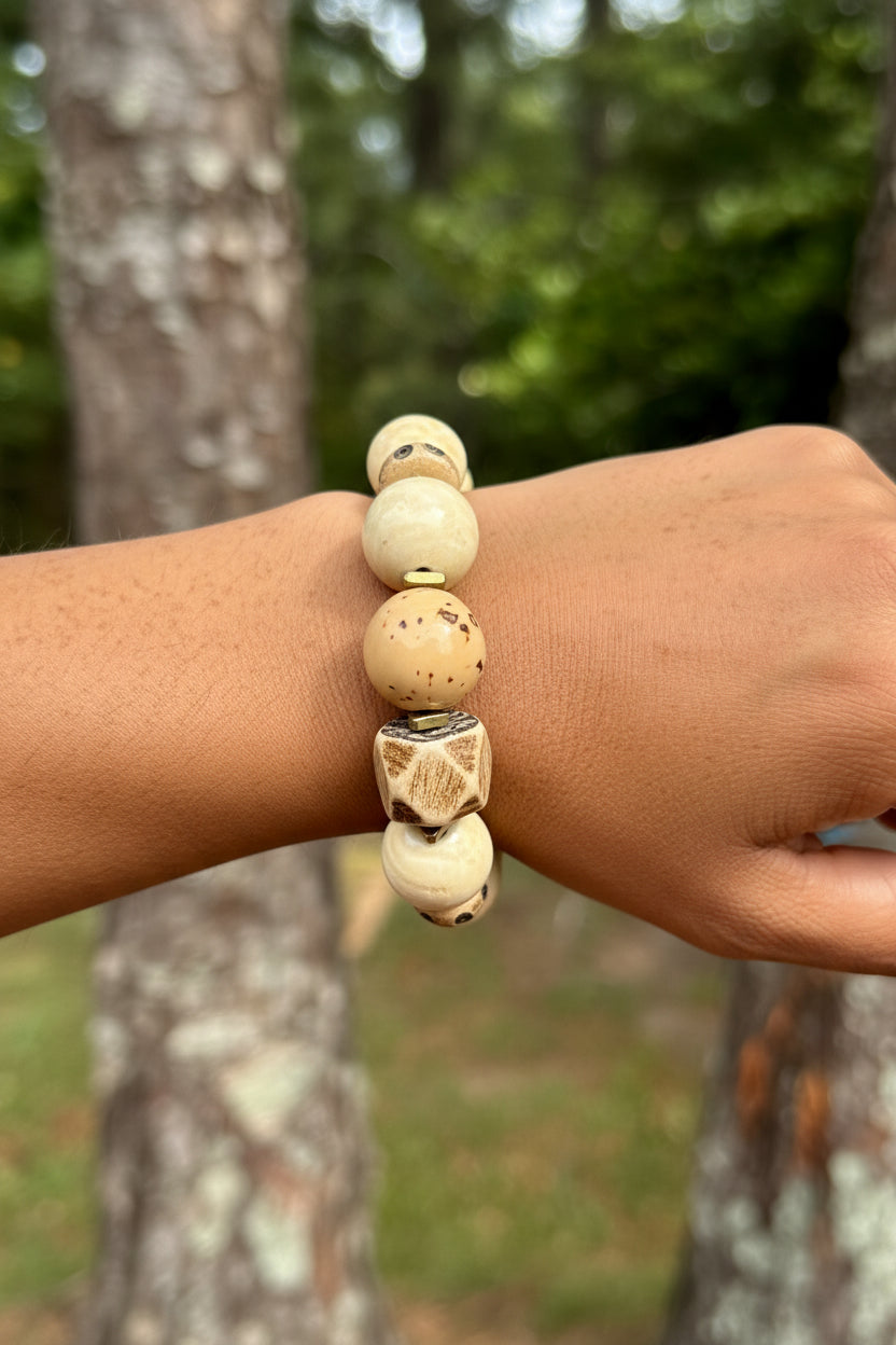 Tagua Seed Bead Bracelet: Naga Conch Shell, Bone & Brass