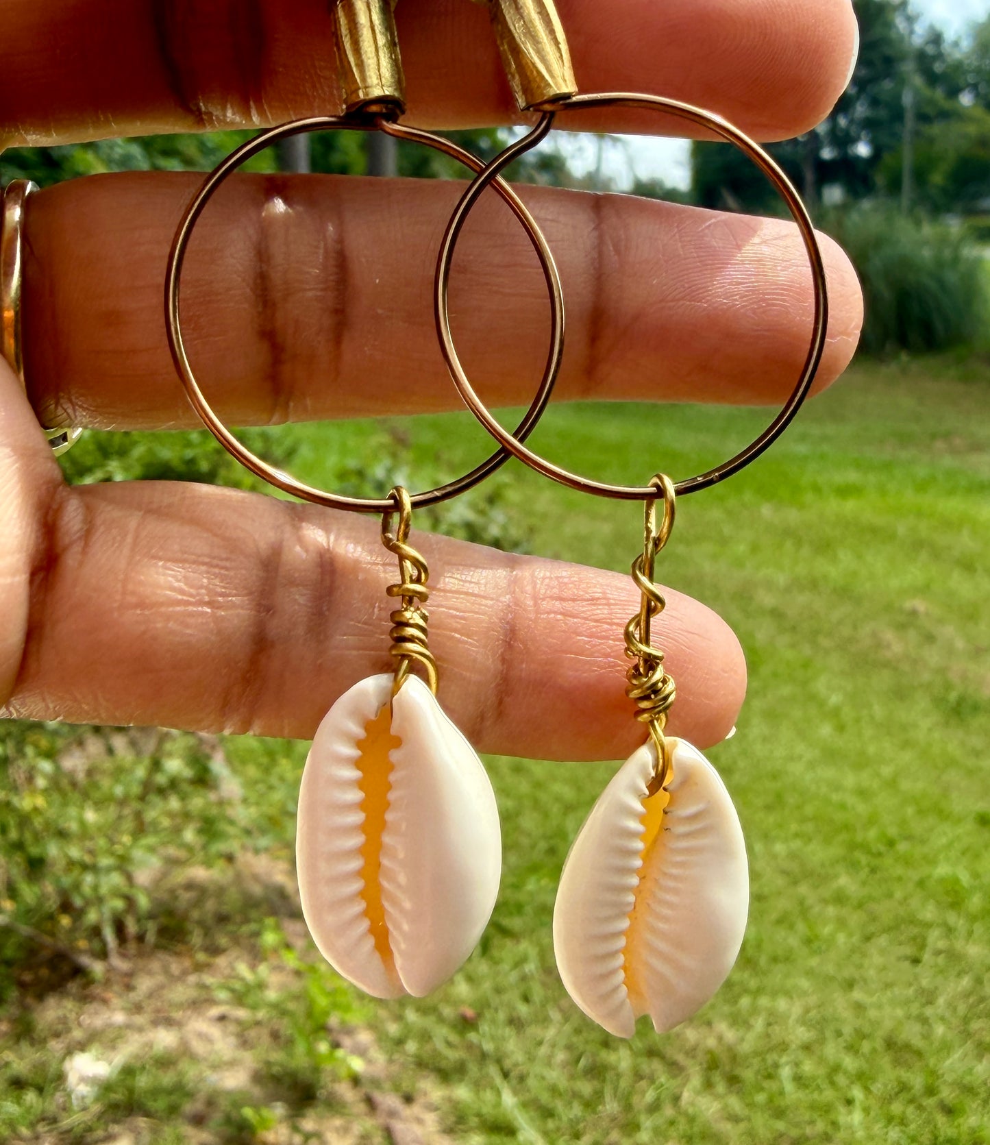 Bold Apatite Hoop Earrings • Cowrie Shell Charms • Fun Unique Beach Jewelry