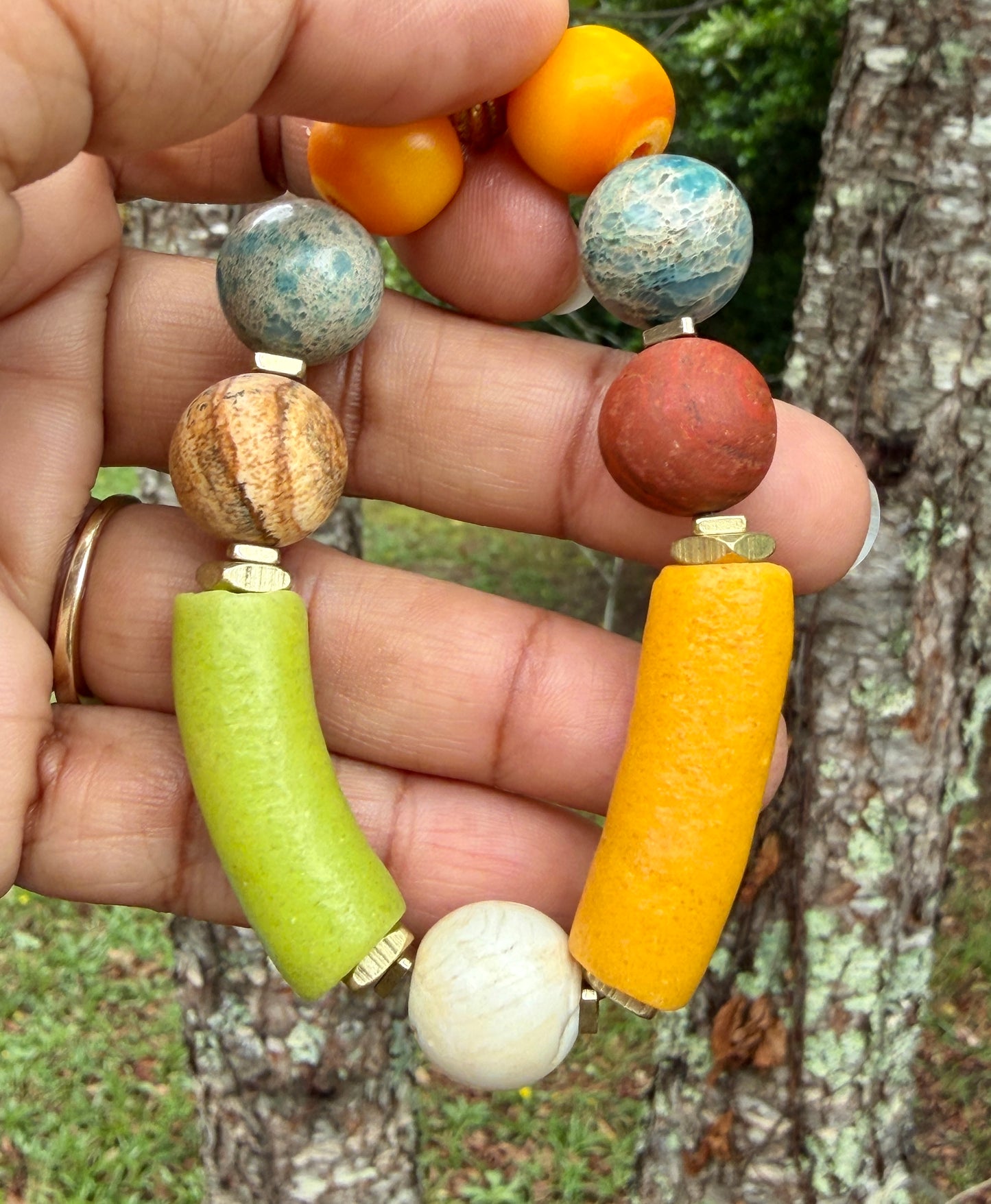 Colorful Krobo, Agate & Turquoise Jasper Bracelet • Global Boho Summer Jewelry