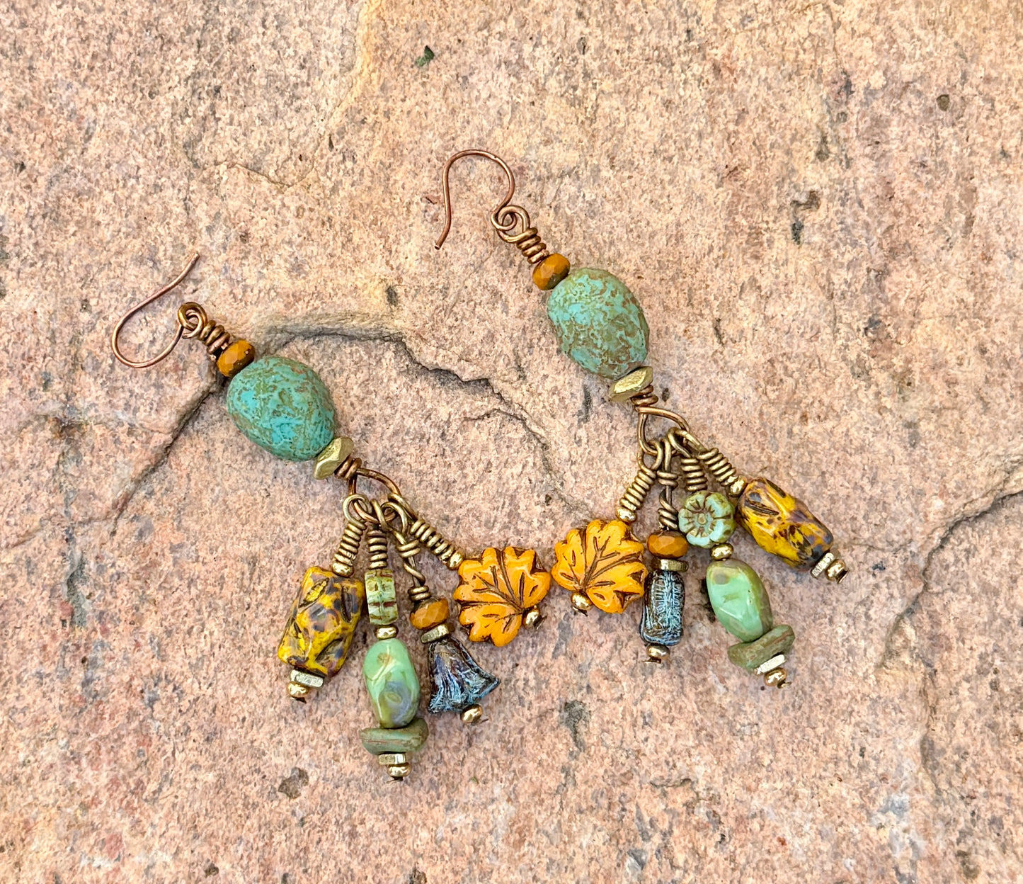Golden Maple Leaf Earrings • Turquoise Autumn Dangles