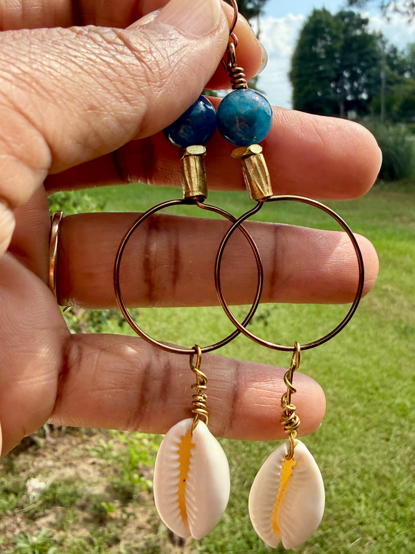 Bold Apatite Hoop Earrings • Cowrie Shell Charms • Fun Unique Beach Jewelry