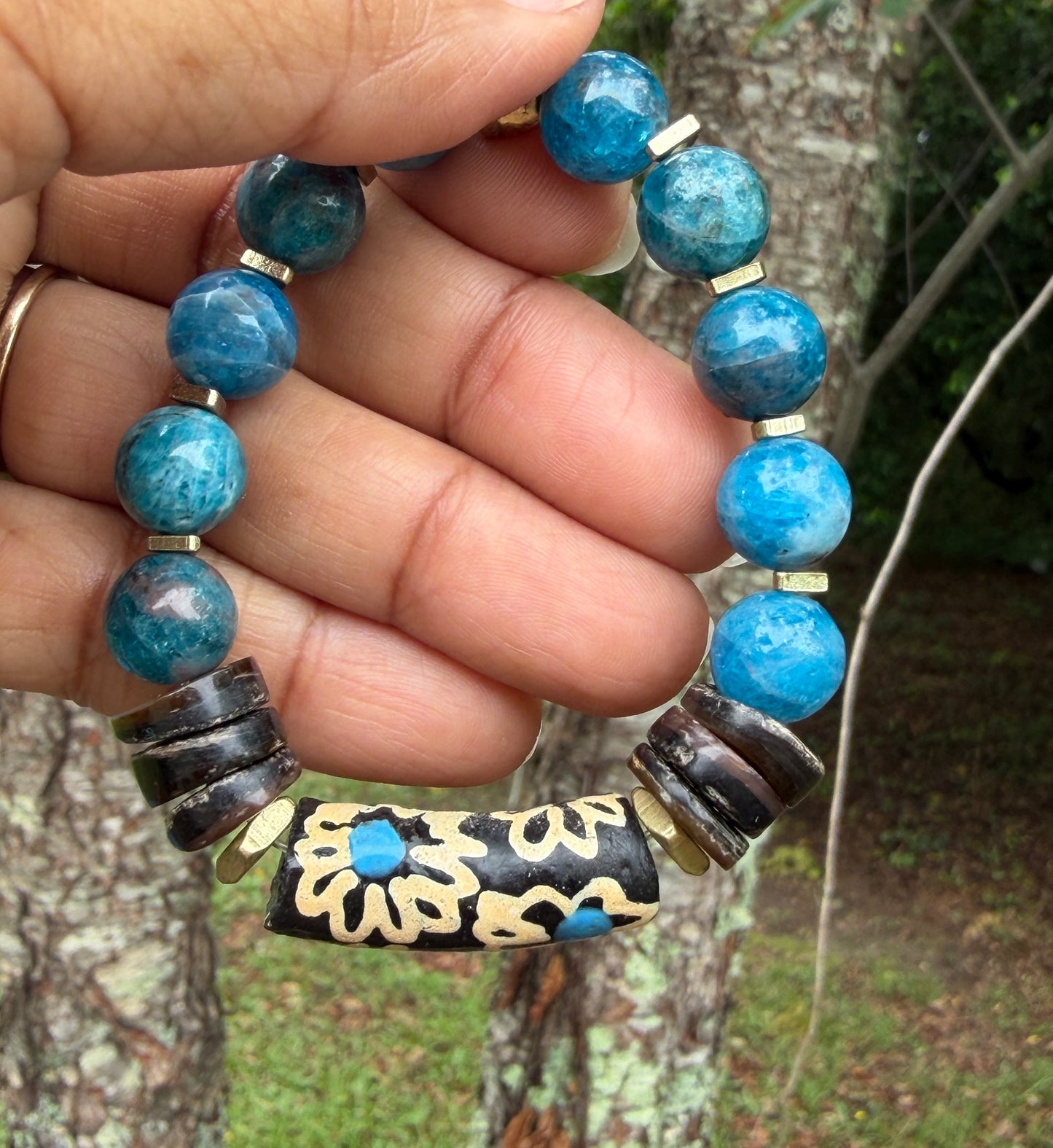 Apatite Gemstone and Painted Krobo Bracelet