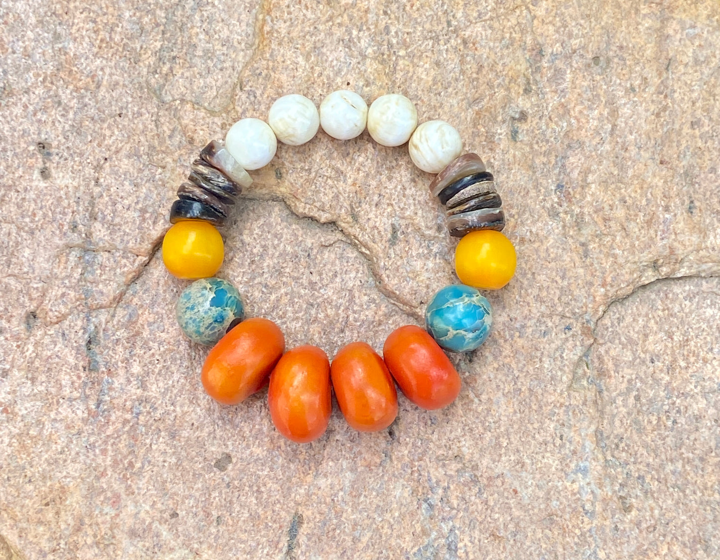 Boho Tribal Bracelet • Moroccan Mango Resin • Naga Shell • Kenyan Amber • Turquoise Impression Jasper