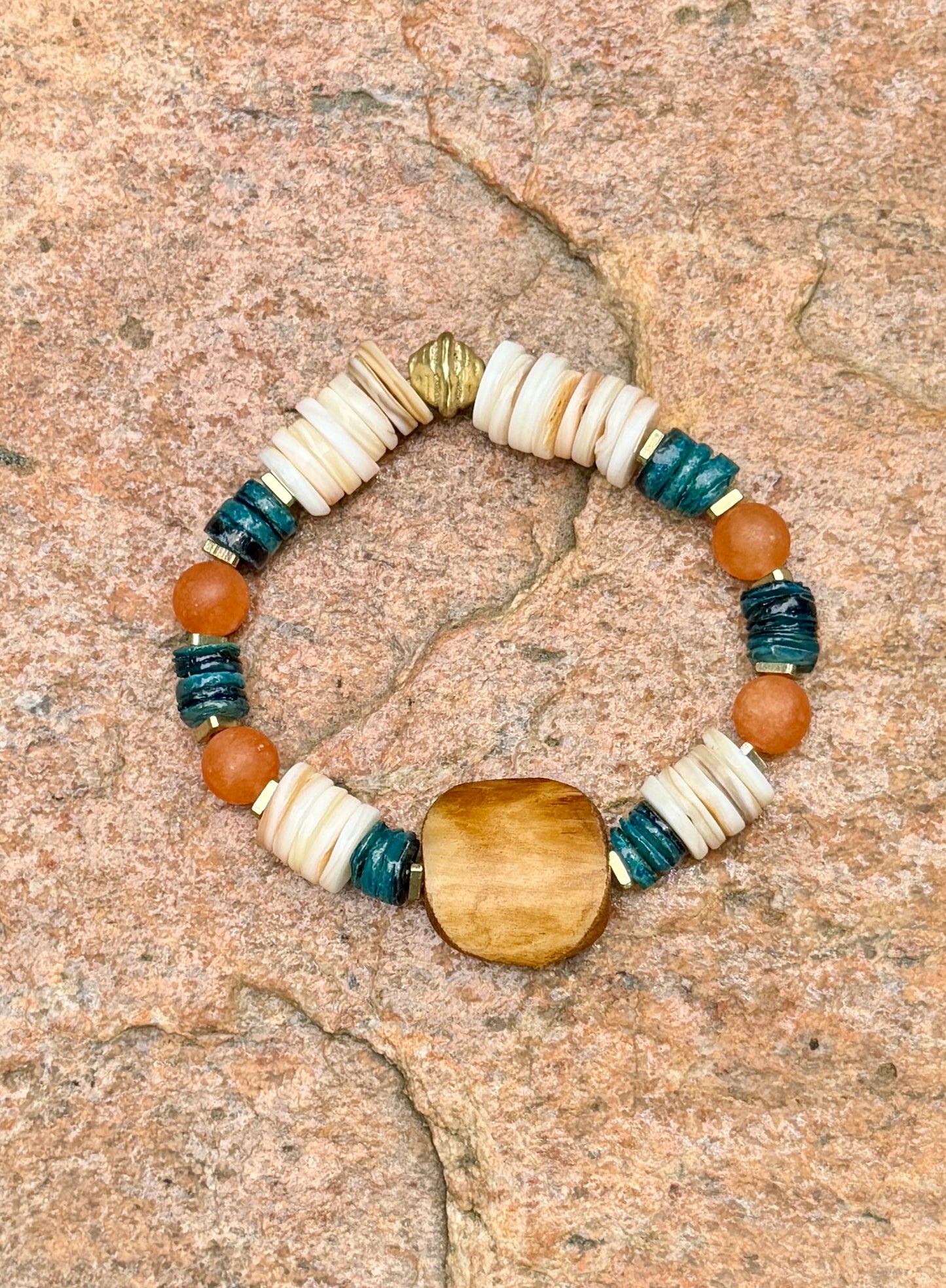 Coastal Papaya Aventurine & Shell Heishi Bracelet • Beachy Summer Jewelry