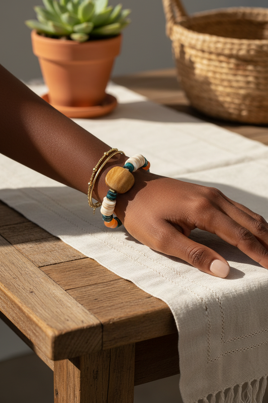 Coastal Papaya Aventurine & Shell Heishi Bracelet • Beachy Summer Jewelry
