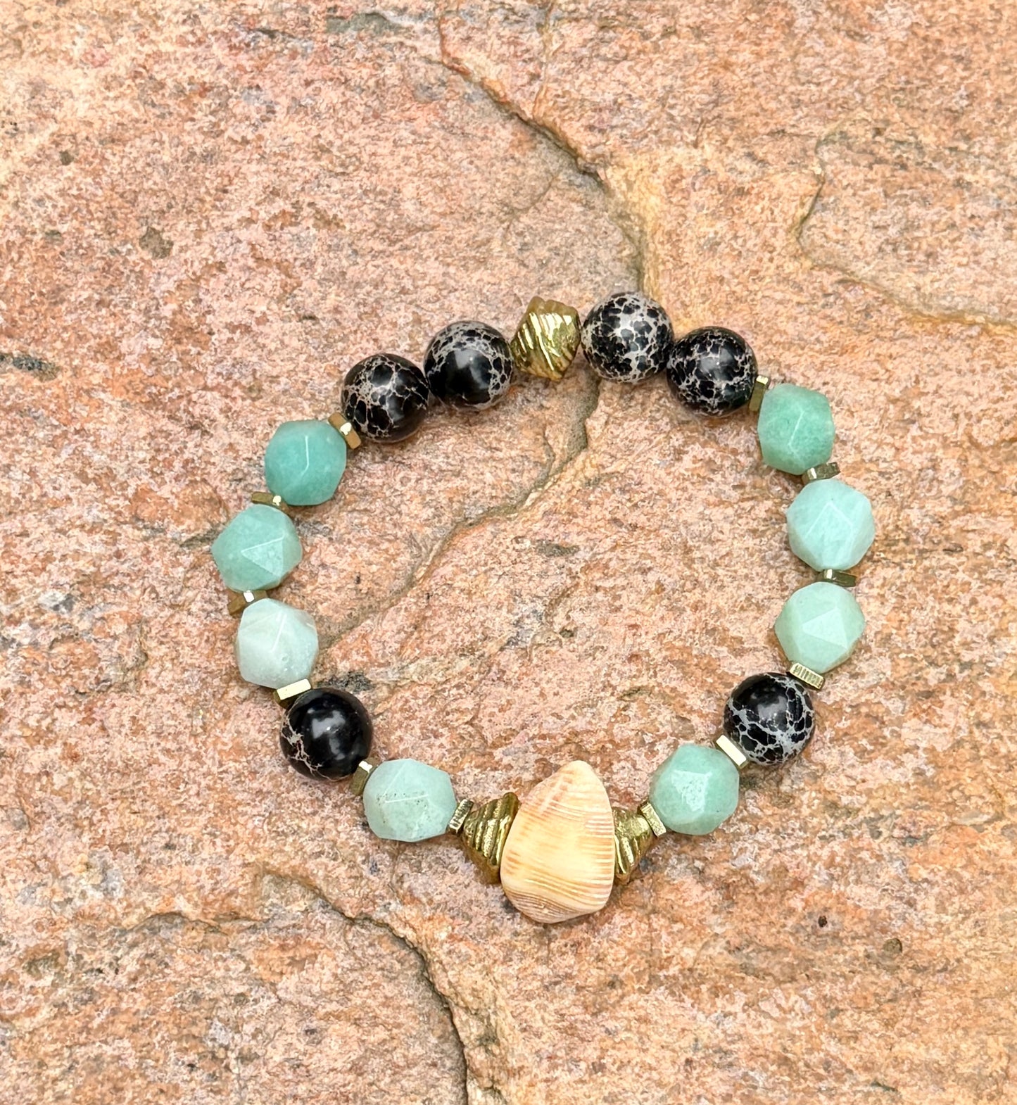 Faceted Amazonite Gemstones and Black Sediment Jasper & Natural Shell Bracelet