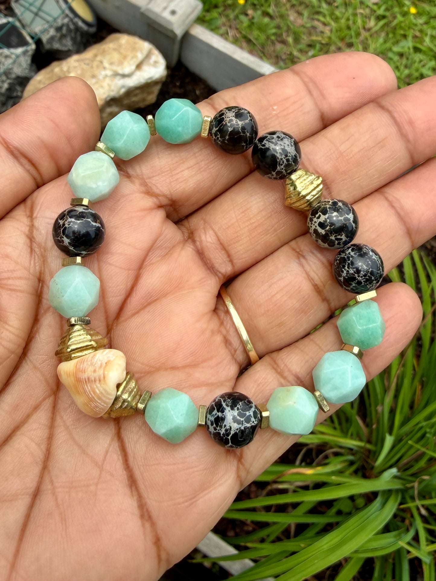 Faceted Amazonite Gemstones and Black Sediment Jasper & Natural Shell Bracelet