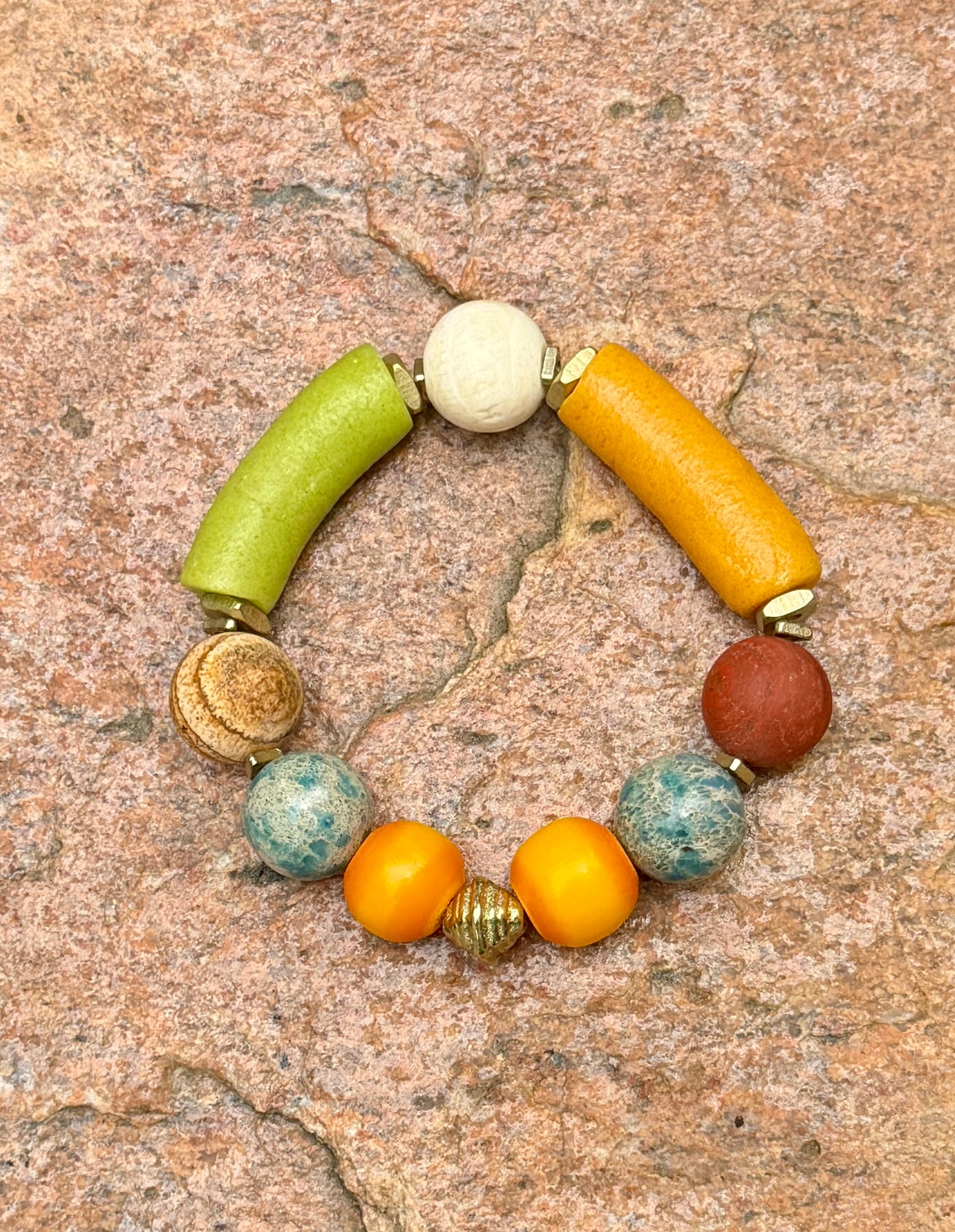 Colorful Krobo, Agate & Turquoise Jasper Bracelet • Global Boho Summer Jewelry