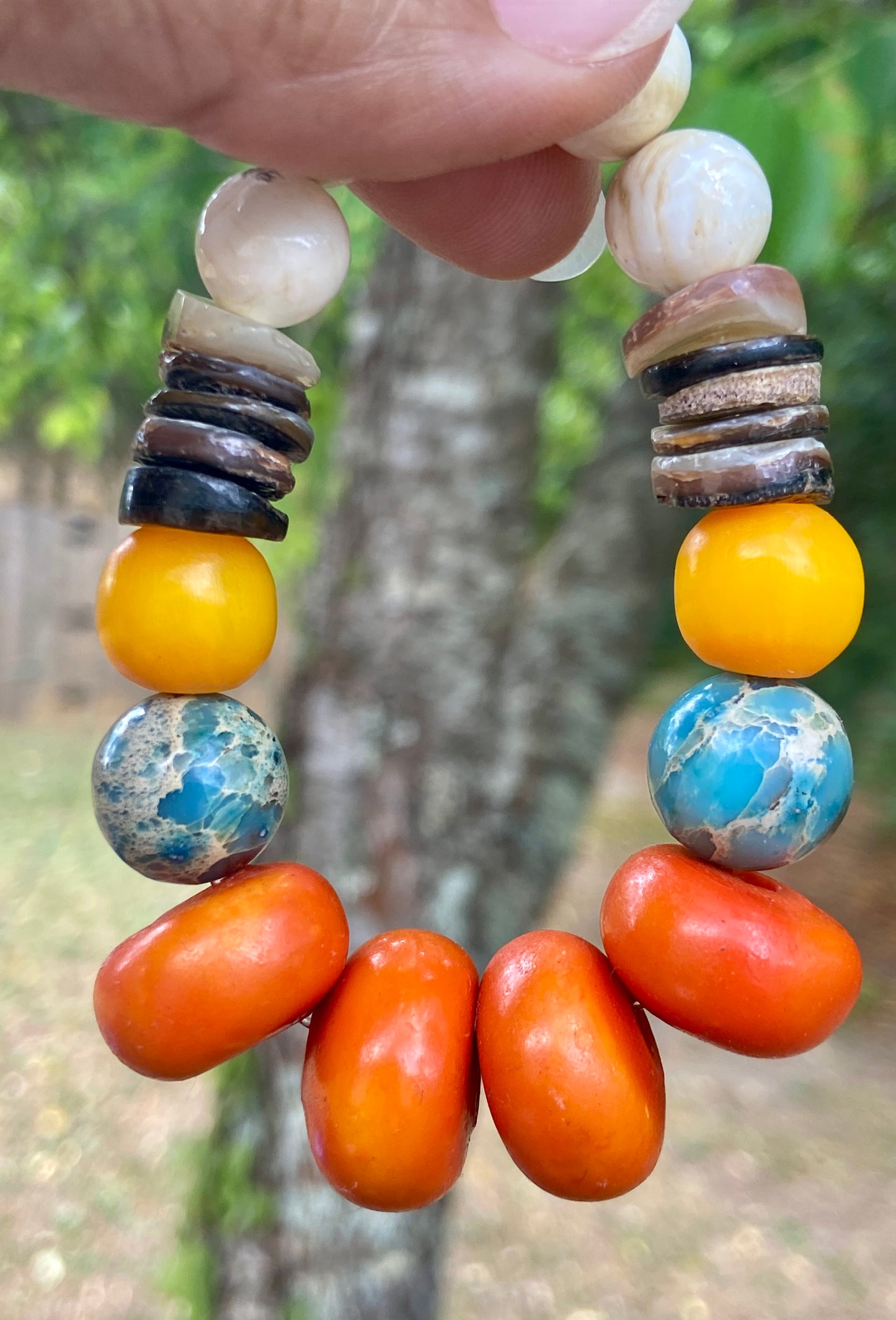 Boho Tribal Bracelet • Moroccan Mango Resin • Naga Shell • Kenyan Amber • Turquoise Impression Jasper