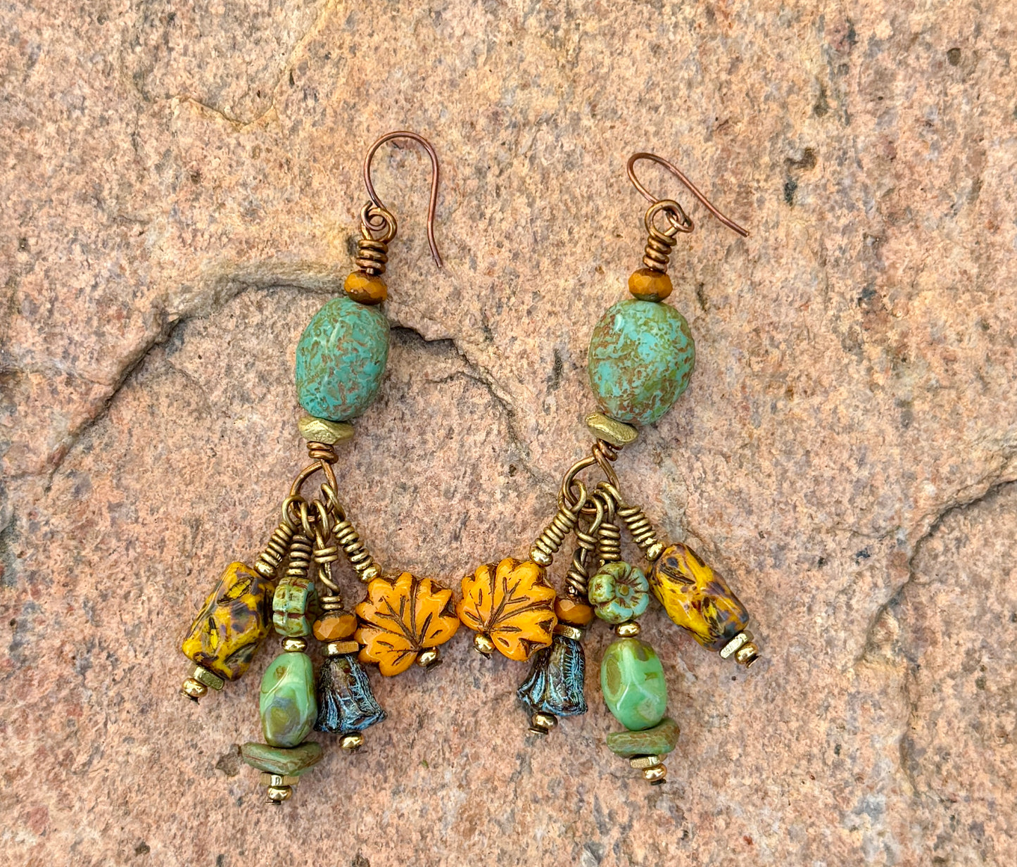 Golden Maple Leaf Earrings • Turquoise Autumn Dangles