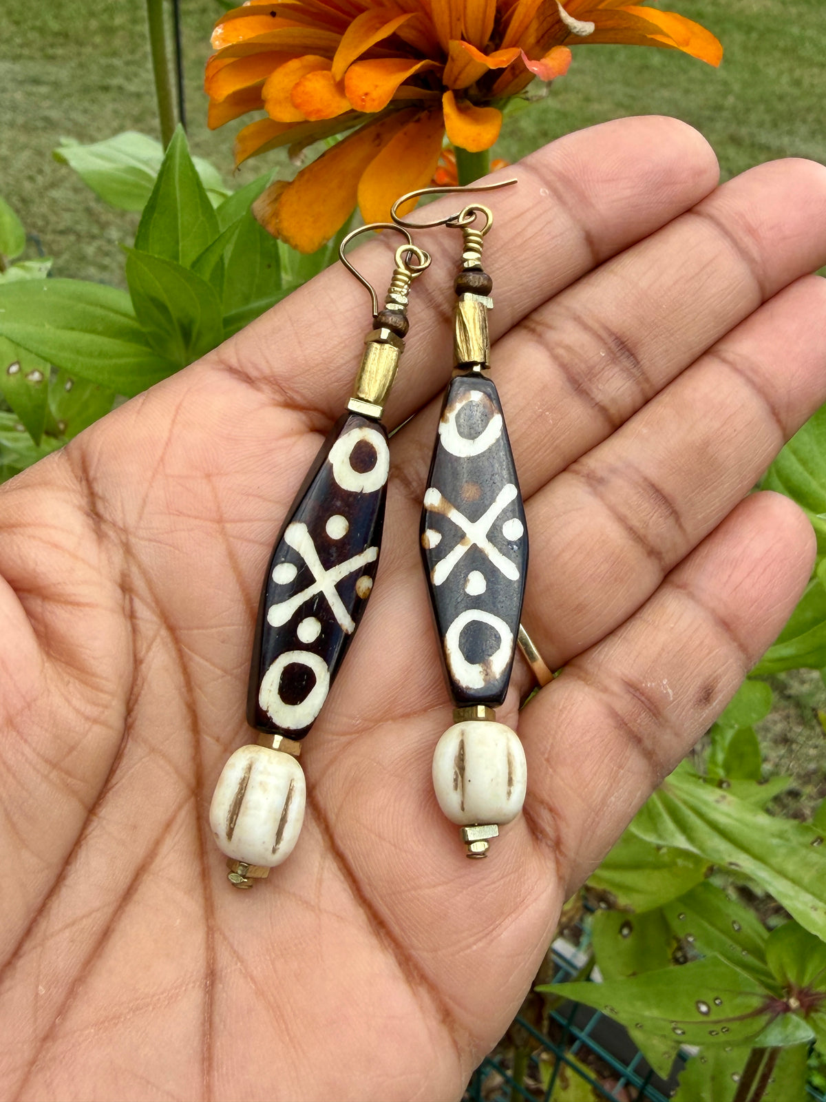 Bold Batik Bone Earrings • Tribal Inspired Mudbone Beads • Rustic Boho Dangles • Earthy Statement Earrings