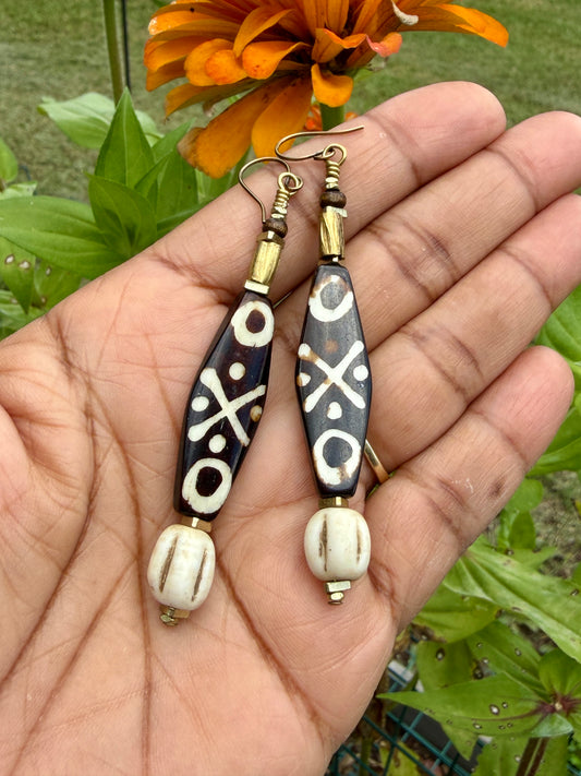Bold Batik Bone Earrings • Tribal Inspired Mudbone Beads • Rustic Boho Dangles • Earthy Statement Earrings