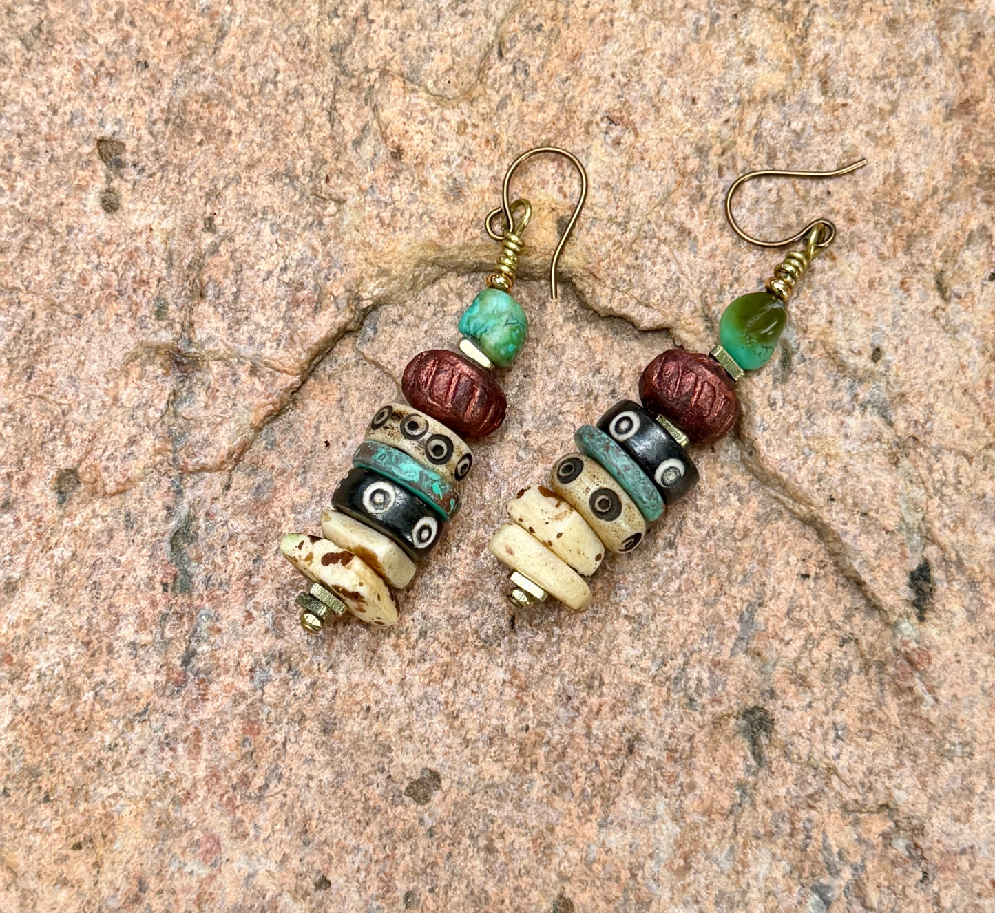 Mixed Media Earrings • Carved Bone, Turquoise Nuggets, Stoneware Clay • Square Bone Beads • Autumn Inspired Nature Lover Jewelry
