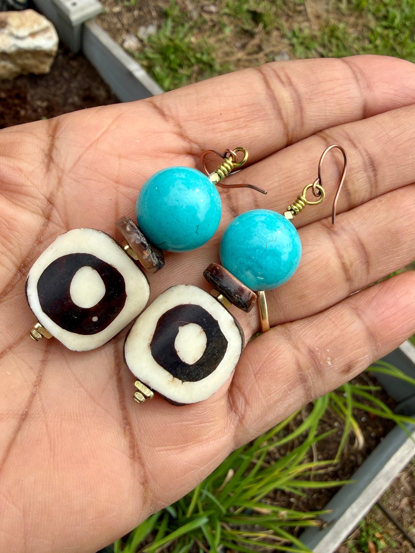 Batik Bone & Turquoise Magnesite Earrings with Mottled Brown Natural Heishi Shell Beads• Beachy Summer Boho Jewelry