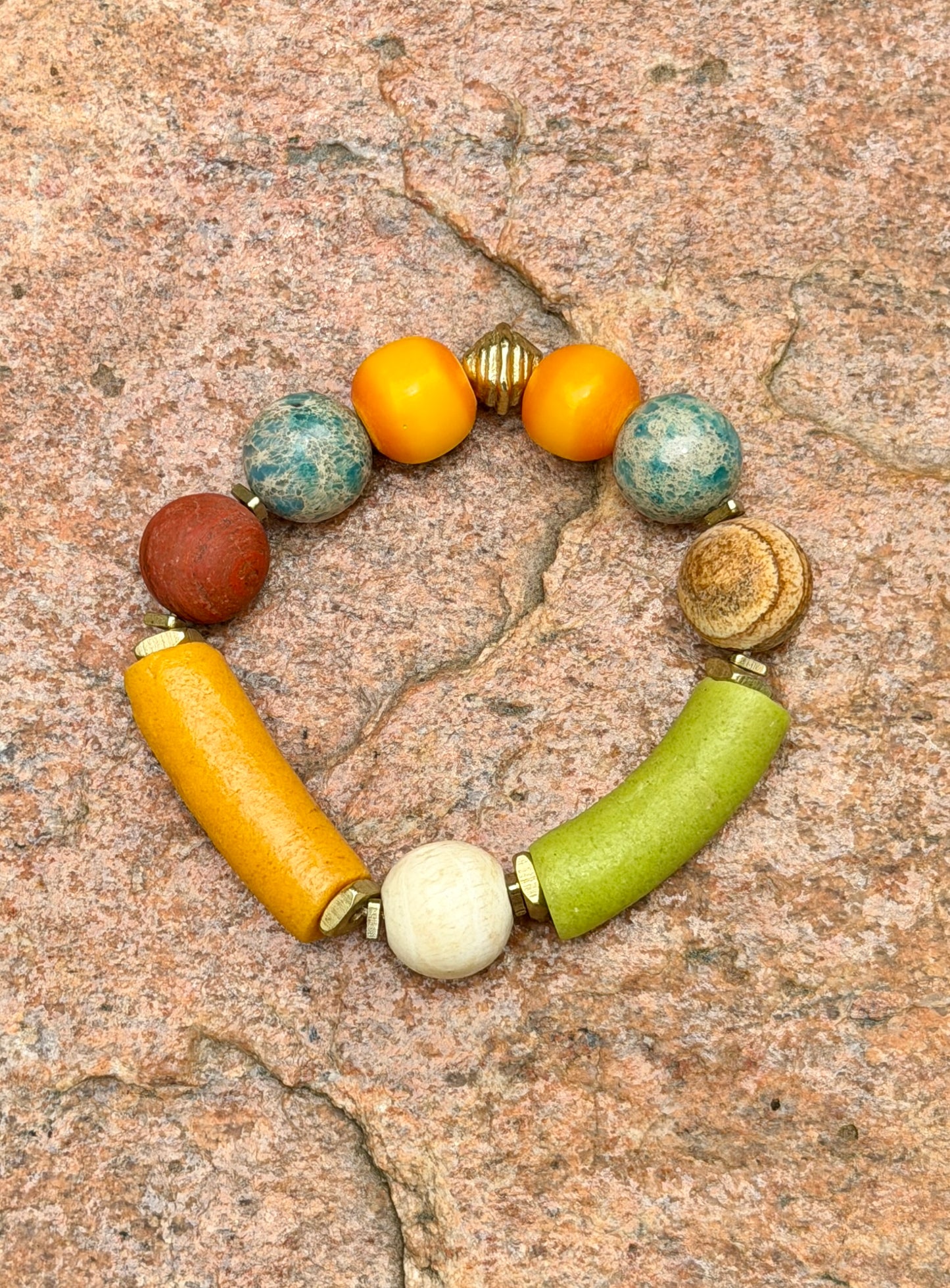 Colorful Krobo, Agate & Turquoise Jasper Bracelet • Global Boho Summer Jewelry
