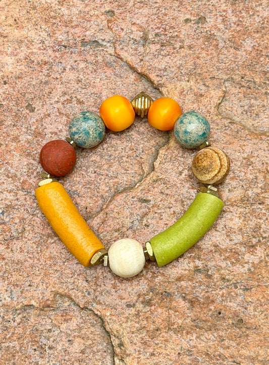 Colorful Krobo, Agate & Turquoise Jasper Bracelet • Global Boho Summer Jewelry