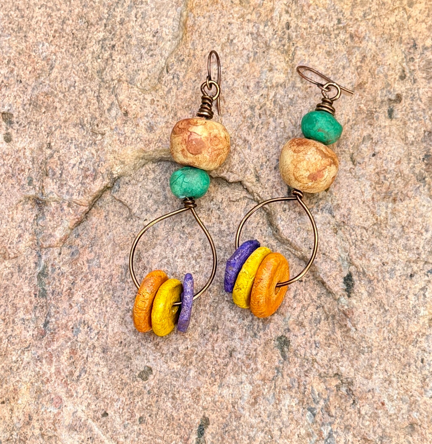Earthy Rustic Boho Hoop Earrings • Colorful Stoneware Clay Beads • Lightweight Dangle Hoops • Autumn Vibes