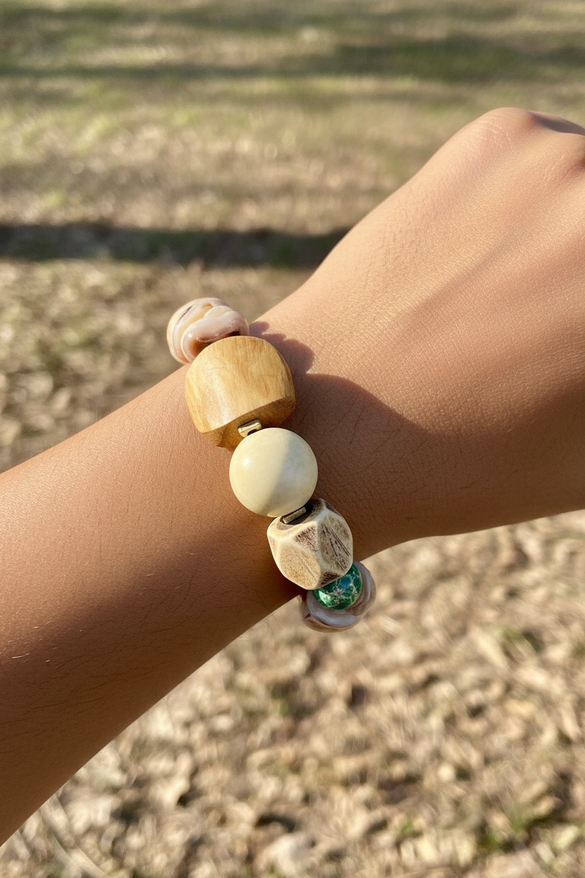 Beige Decorative Shell Beads Bracelet: Naga Conch Shell, Bone & Brass