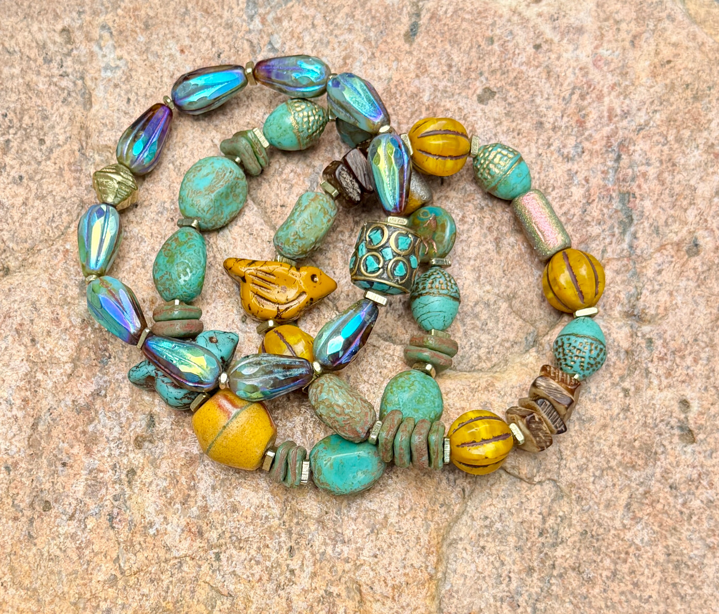 Turquoise Ancient Stone Bracelet • Mystic Chirp Focal • Rustic Coconut Wood • Nature Inspired Artisan Jewelry