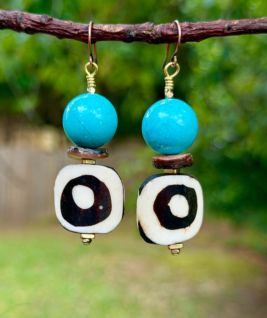 Batik Bone & Turquoise Magnesite Earrings with Mottled Brown Natural Heishi Shell Beads• Beachy Summer Boho Jewelry