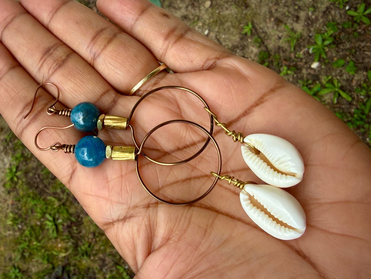 Bold Apatite Hoop Earrings • Cowrie Shell Charms • Fun Unique Beach Jewelry
