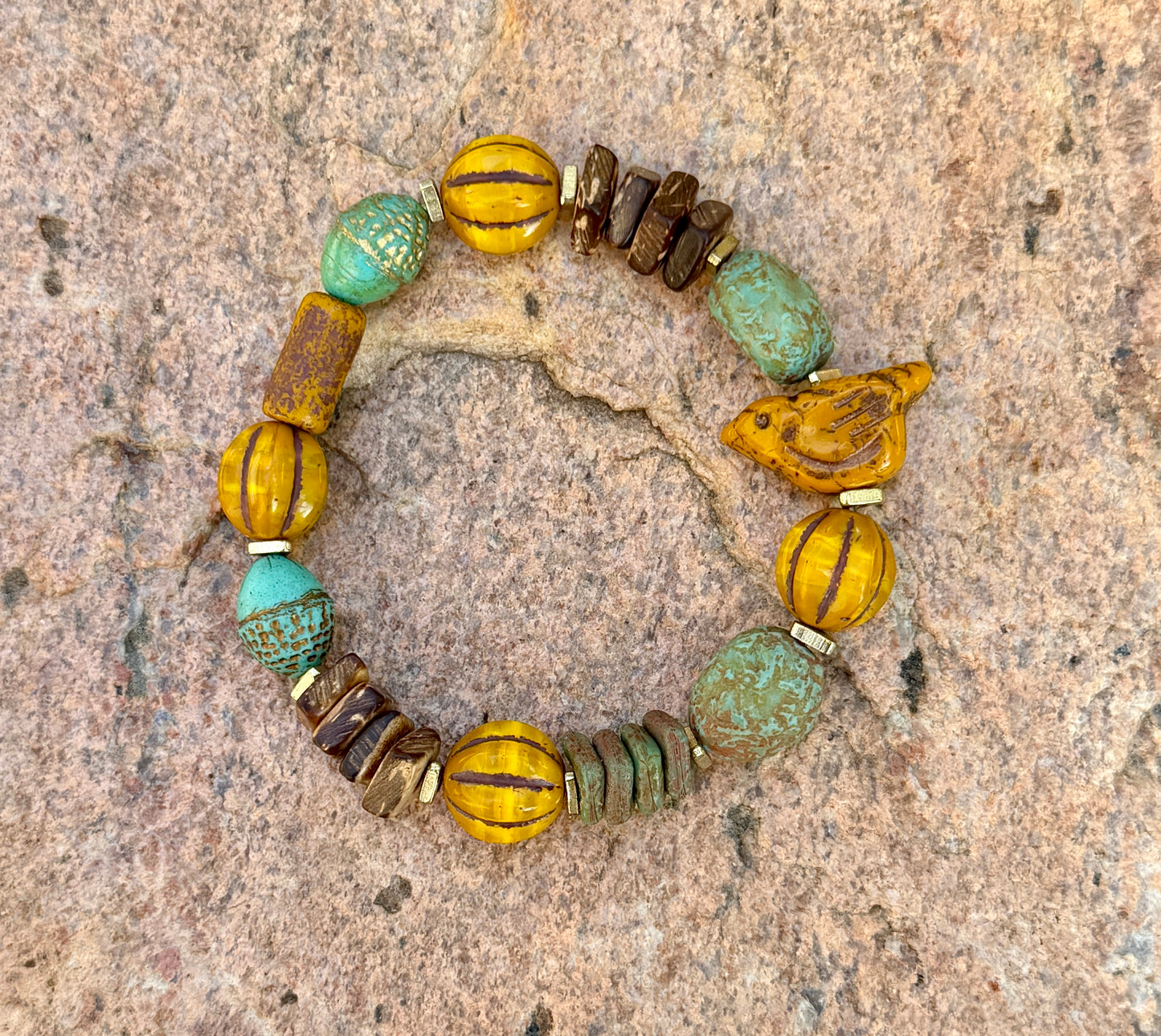 Turquoise Ancient Stone Bracelet • Mystic Chirp Focal • Rustic Coconut Wood • Nature Inspired Artisan Jewelry