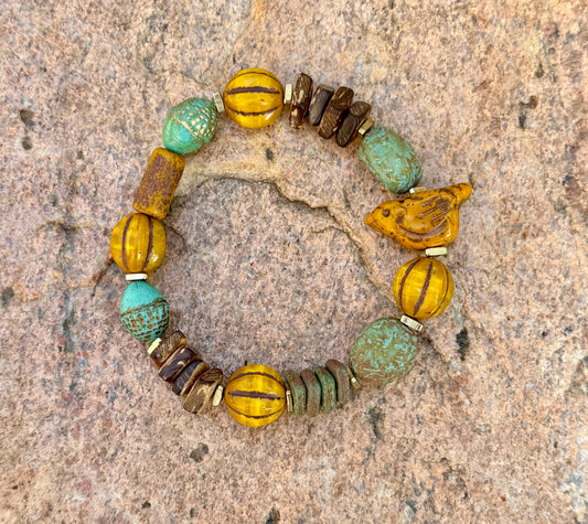Turquoise Ancient Stone Bracelet • Mystic Chirp Focal • Rustic Coconut Wood • Nature Inspired Artisan Jewelry