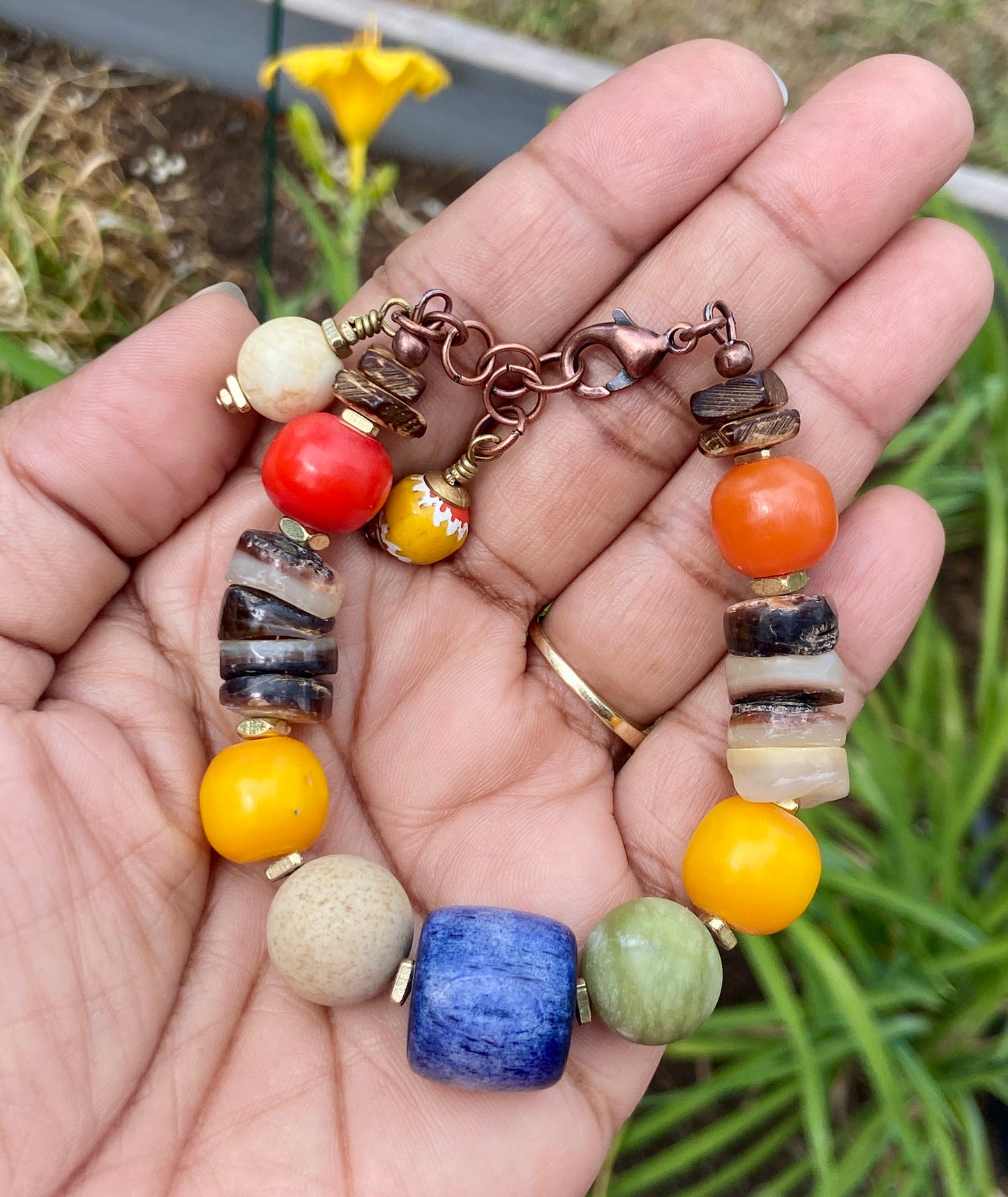 Boho Beaded Bracelet — Natural Shell, Colorful Agate, Kenyan Resin & Blue Bone Beads