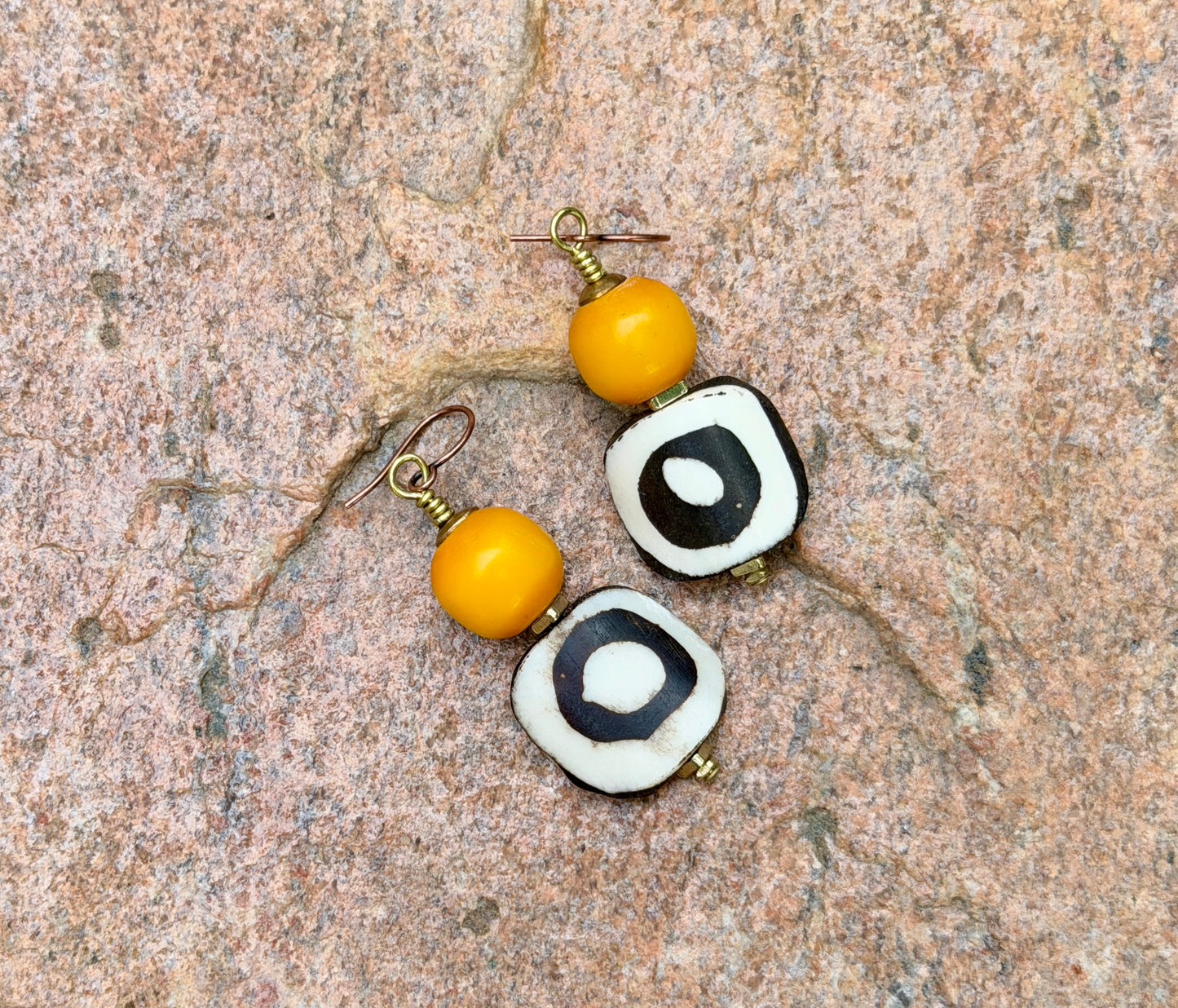 Batik Bone & Colorful Kenya Amber Resin Earrings • Beachy Summer Boho Jewelry