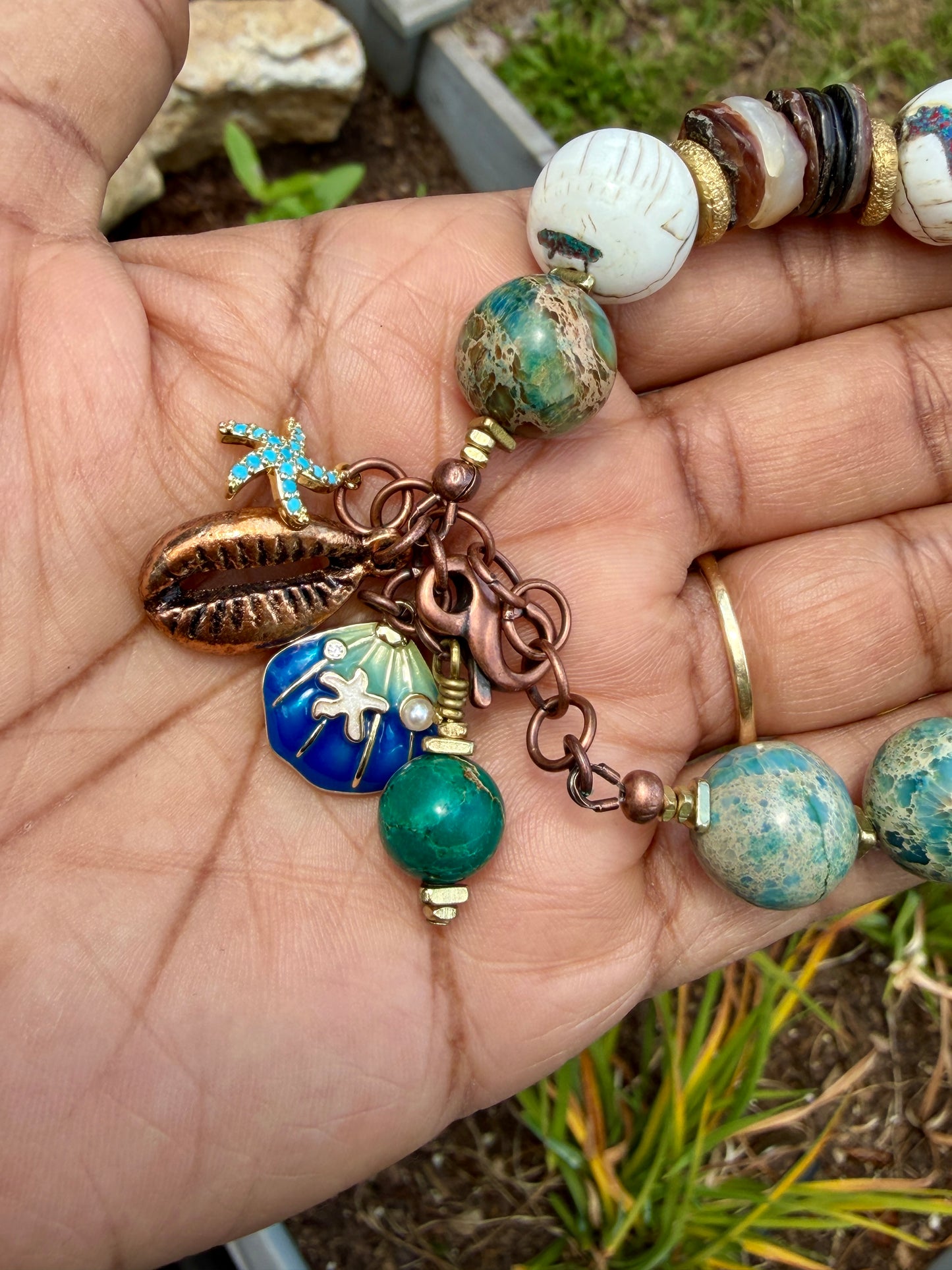 Boho Mixed Media Bracelet: Inlaid Naga Conch Shell, Turquoise Impression Jasper
