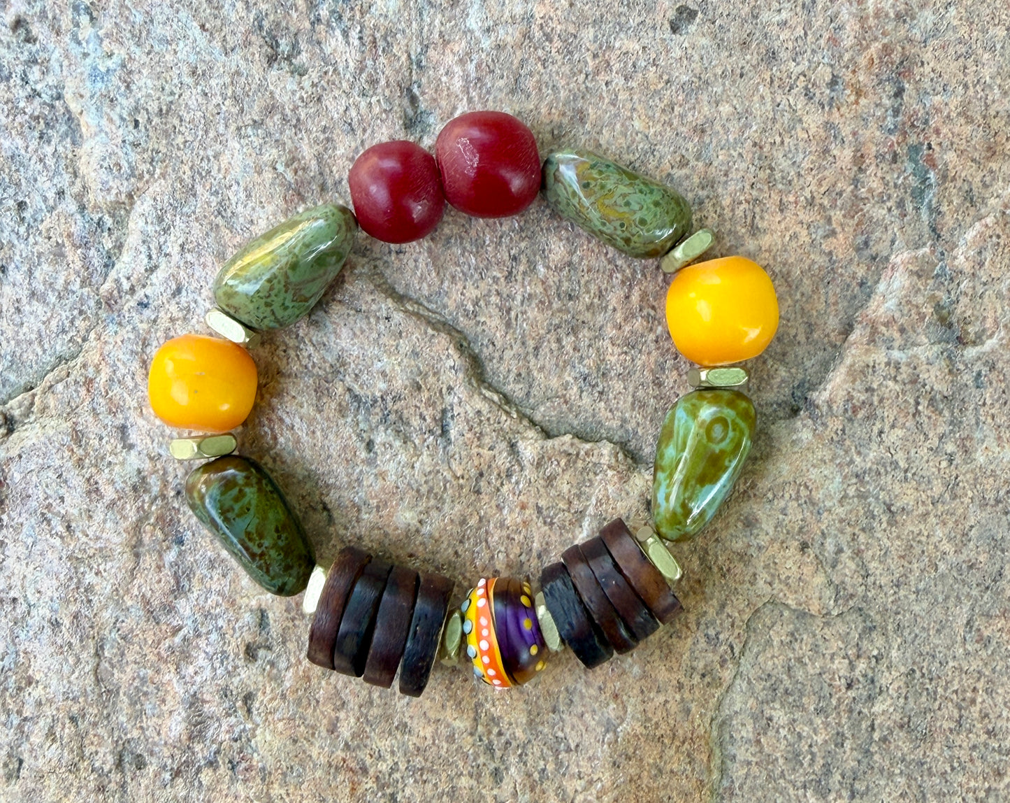 Boho Chakra Stone Stretch Bracelet, Roman Glass, Lampwork Focal