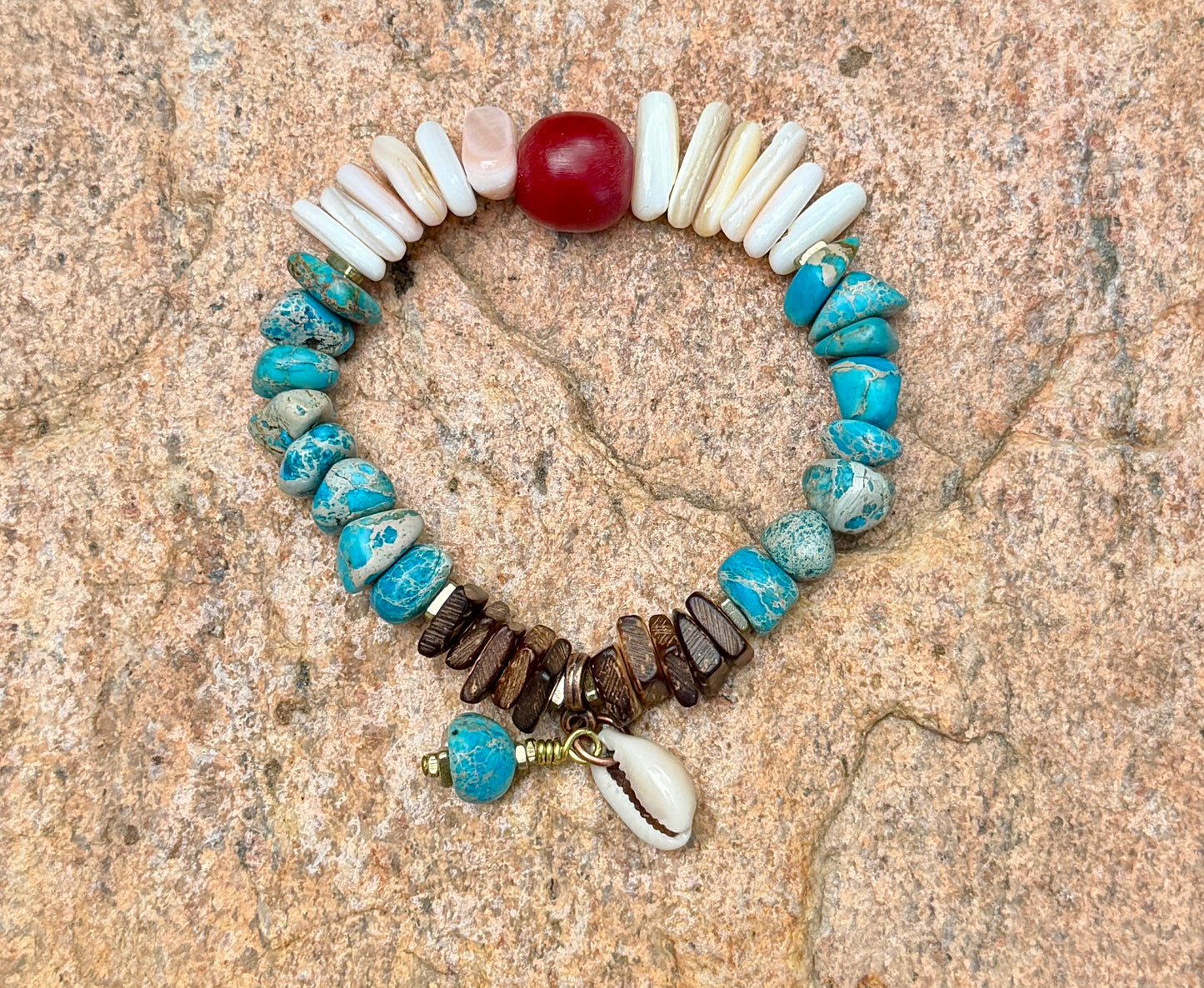 Natural Mussel Shell Bracelet – Aqua Sediment Jasper– Coastal Boho Stretch Jewelry