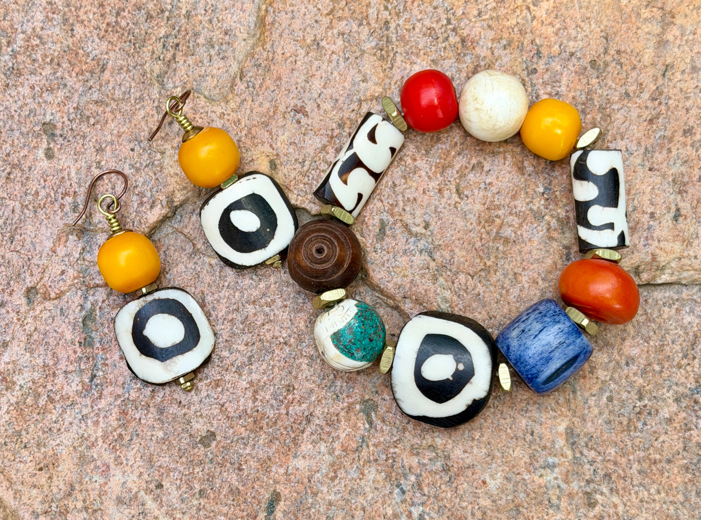 Batik Bone & Colorful Kenya Amber Resin Earrings • Beachy Summer Boho Jewelry