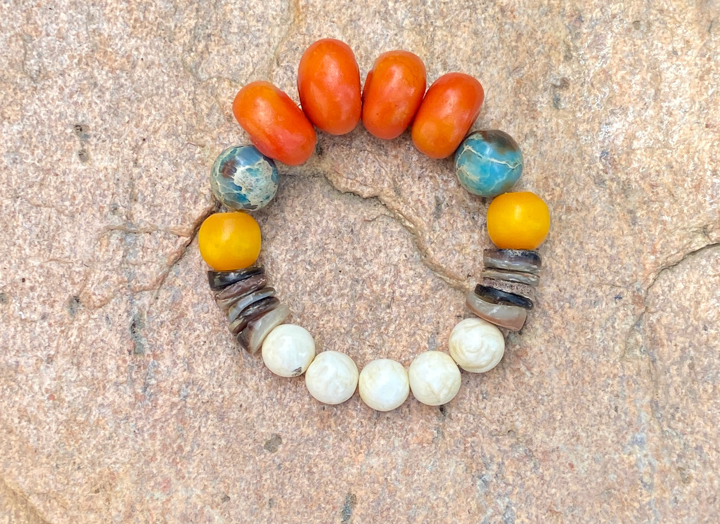 Boho Tribal Bracelet • Moroccan Mango Resin • Naga Shell • Kenyan Amber • Turquoise Impression Jasper