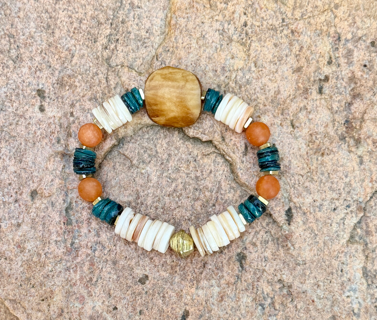 Coastal Papaya Aventurine & Shell Heishi Bracelet • Beachy Summer Jewelry