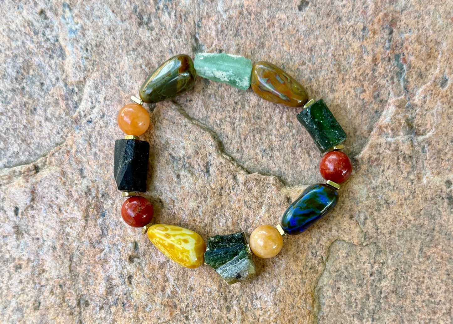 Boho Chakra Stone Stretch Bracelet, Roman Glass, Lampwork Focal