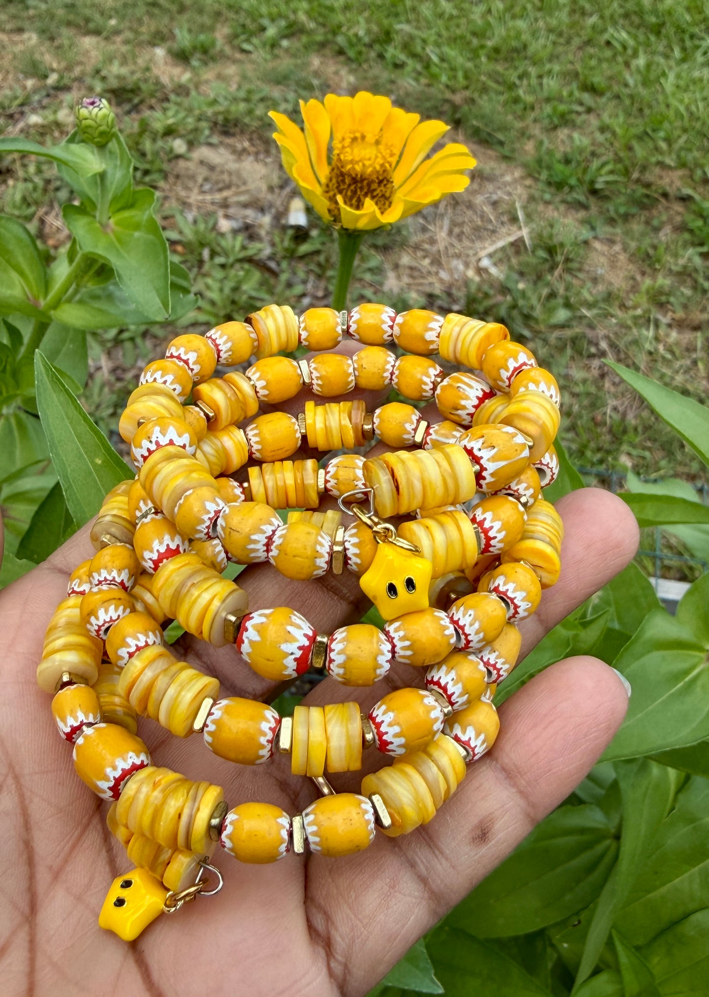 Sunshine Yellow Chevron & Shell Heishi Memory Wire Bangle – Bright, Happy, Sunflower Vibes
